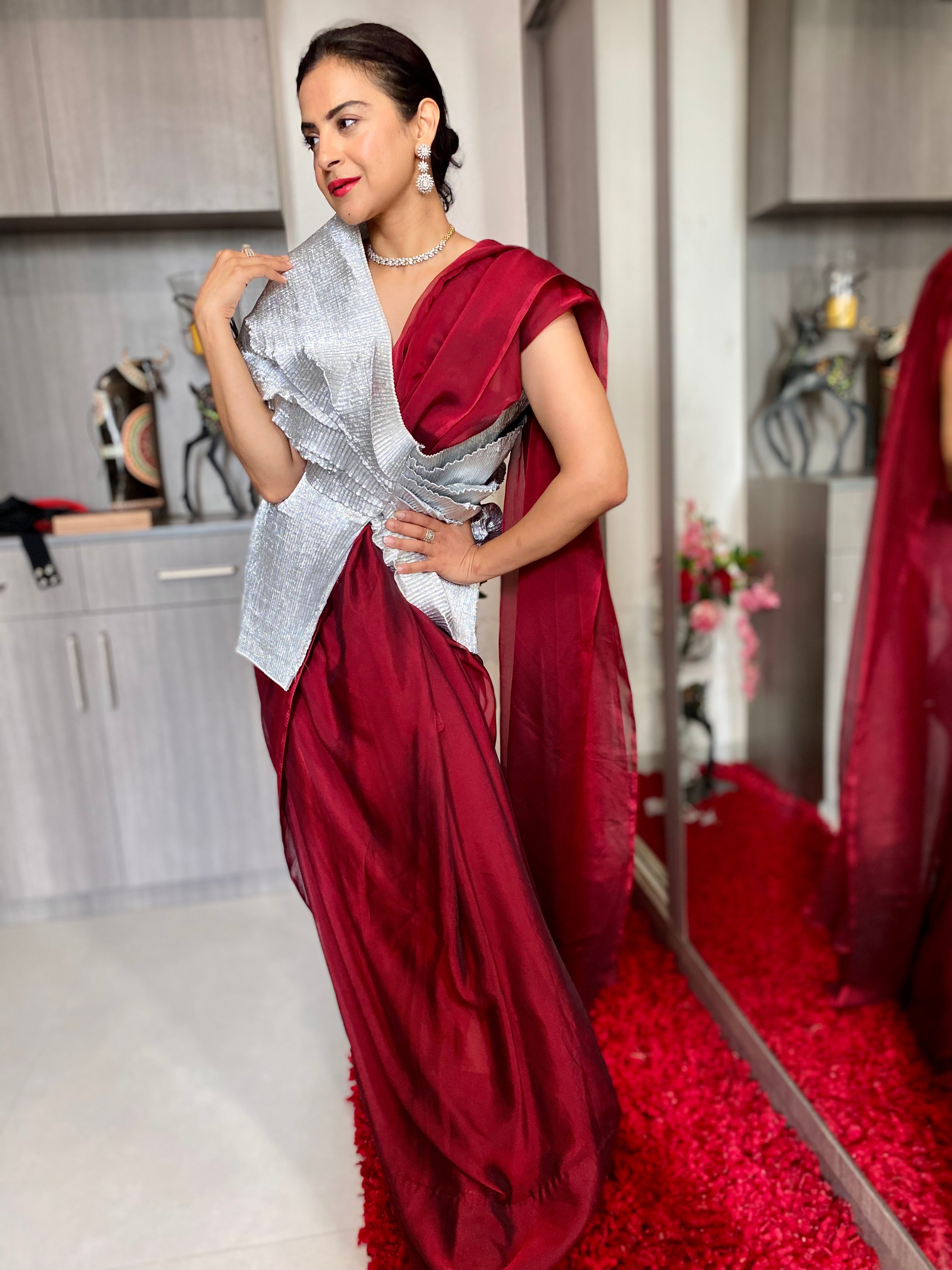 Silver & Maroon shimmer multi drape saree set