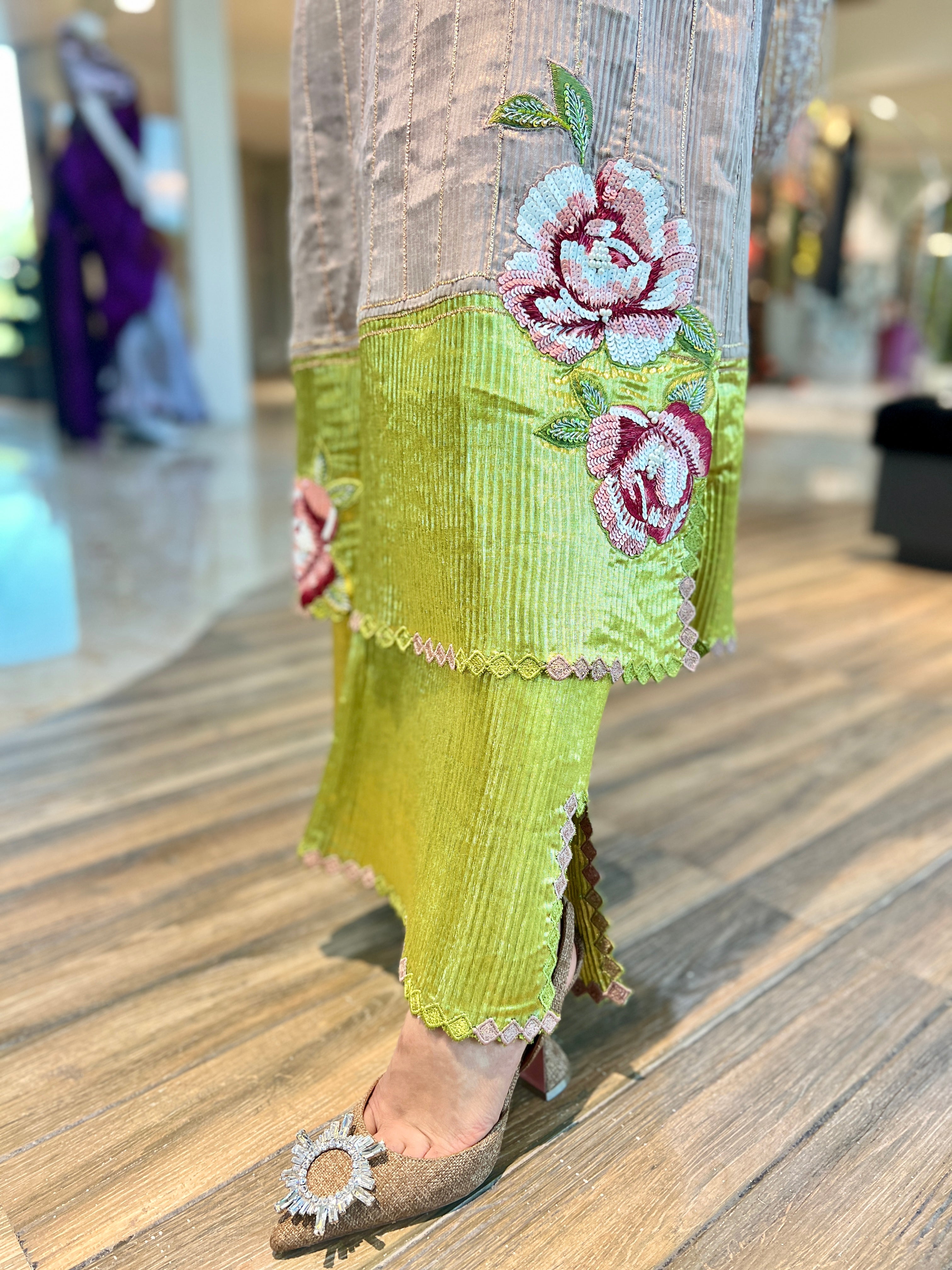 Zuri beige green shimmer gota striped suit set