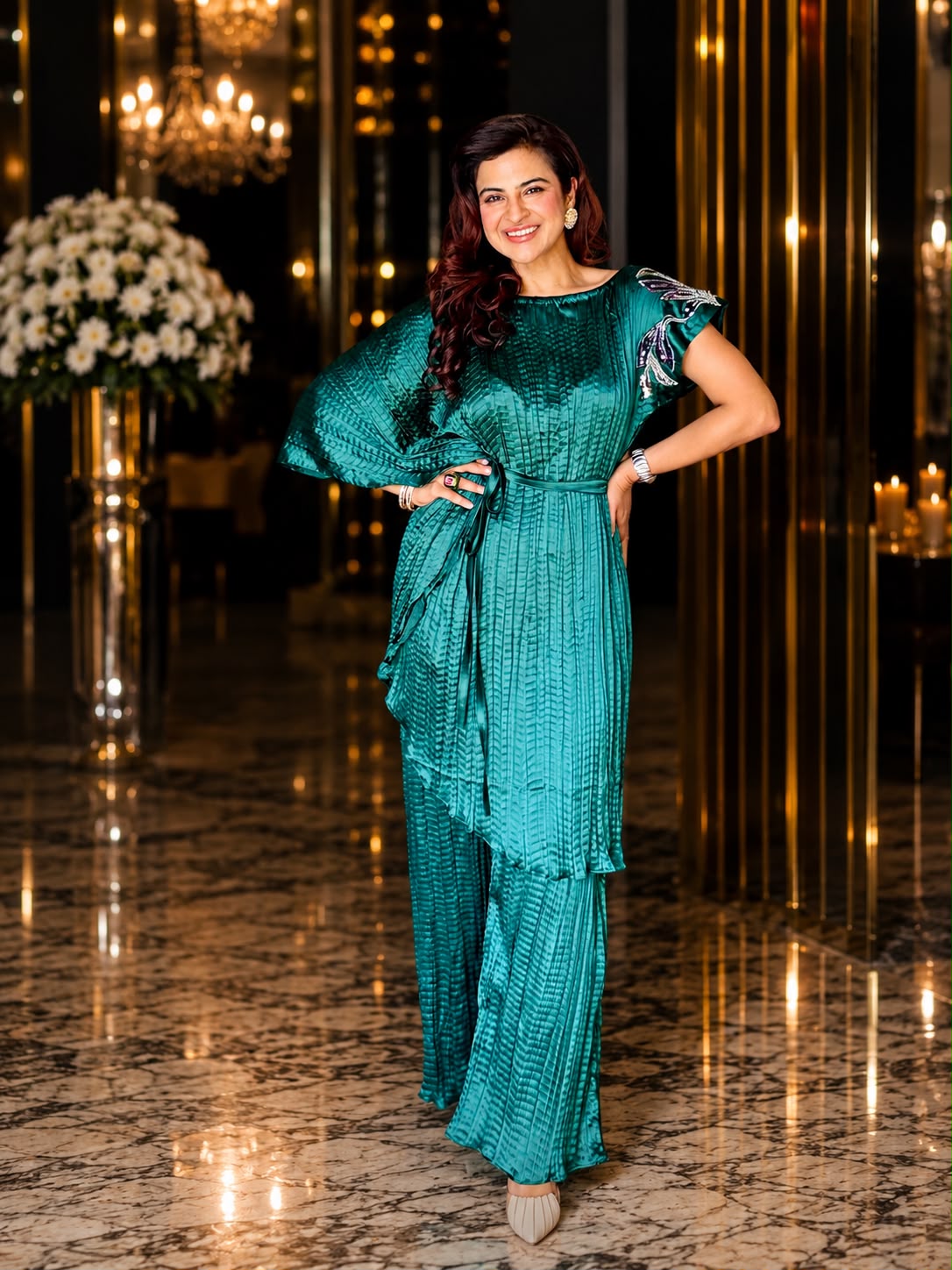 Emerald Geen Embroidered Pants set in Bottle Green