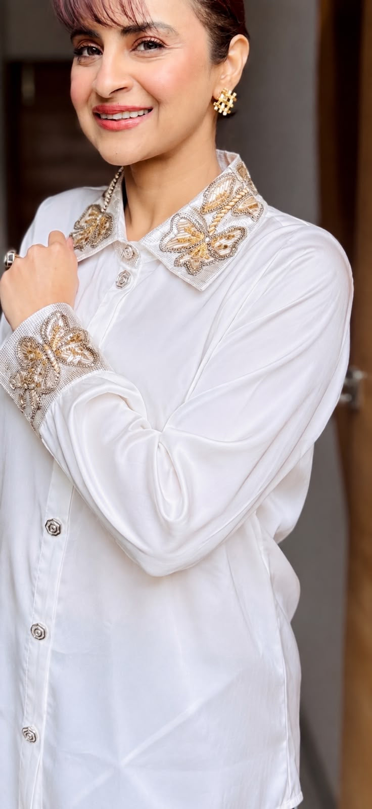 White Armani Shirt with Golden Embroidery