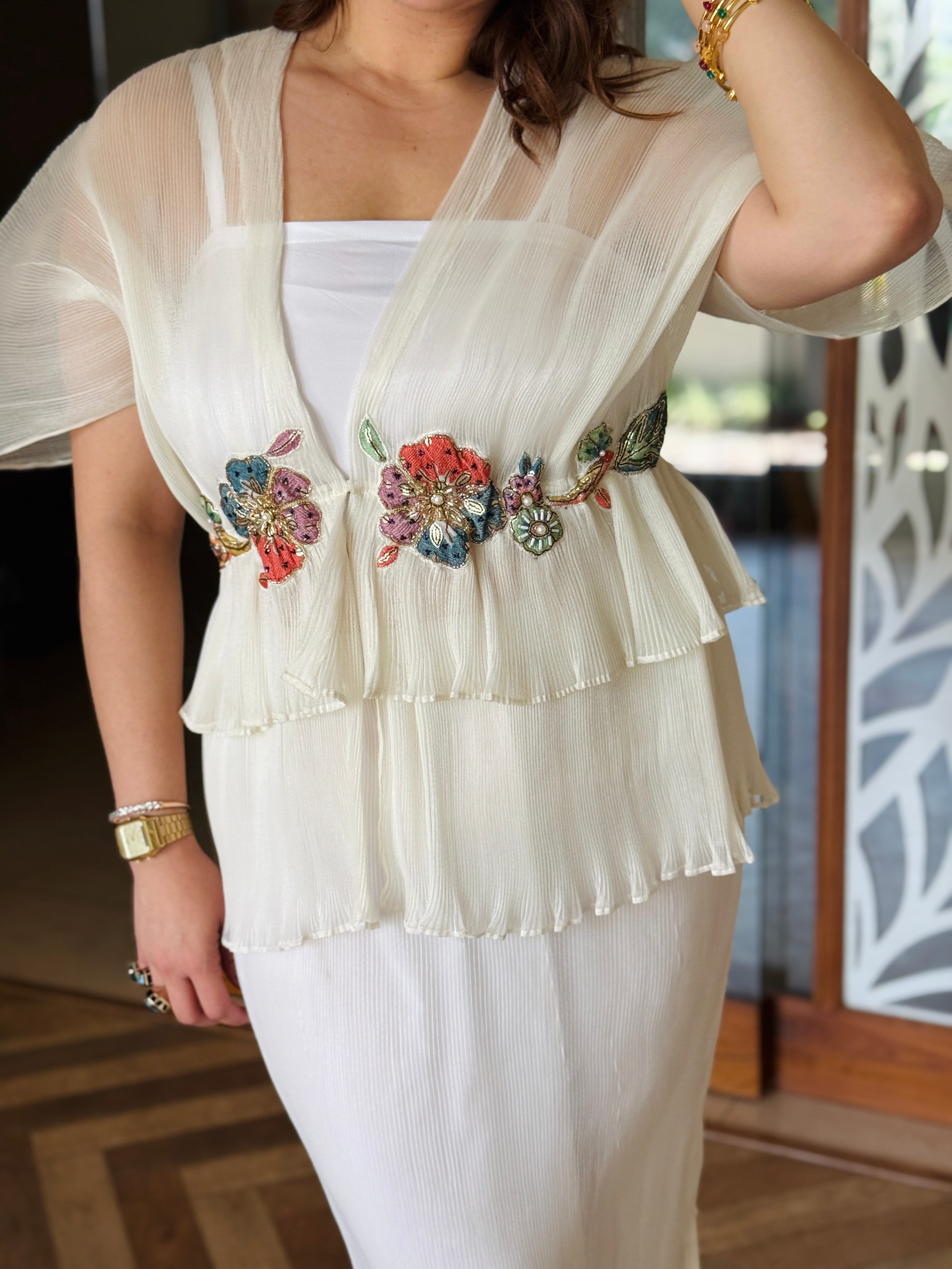 Embroidered Moon Top in ivory with skirt