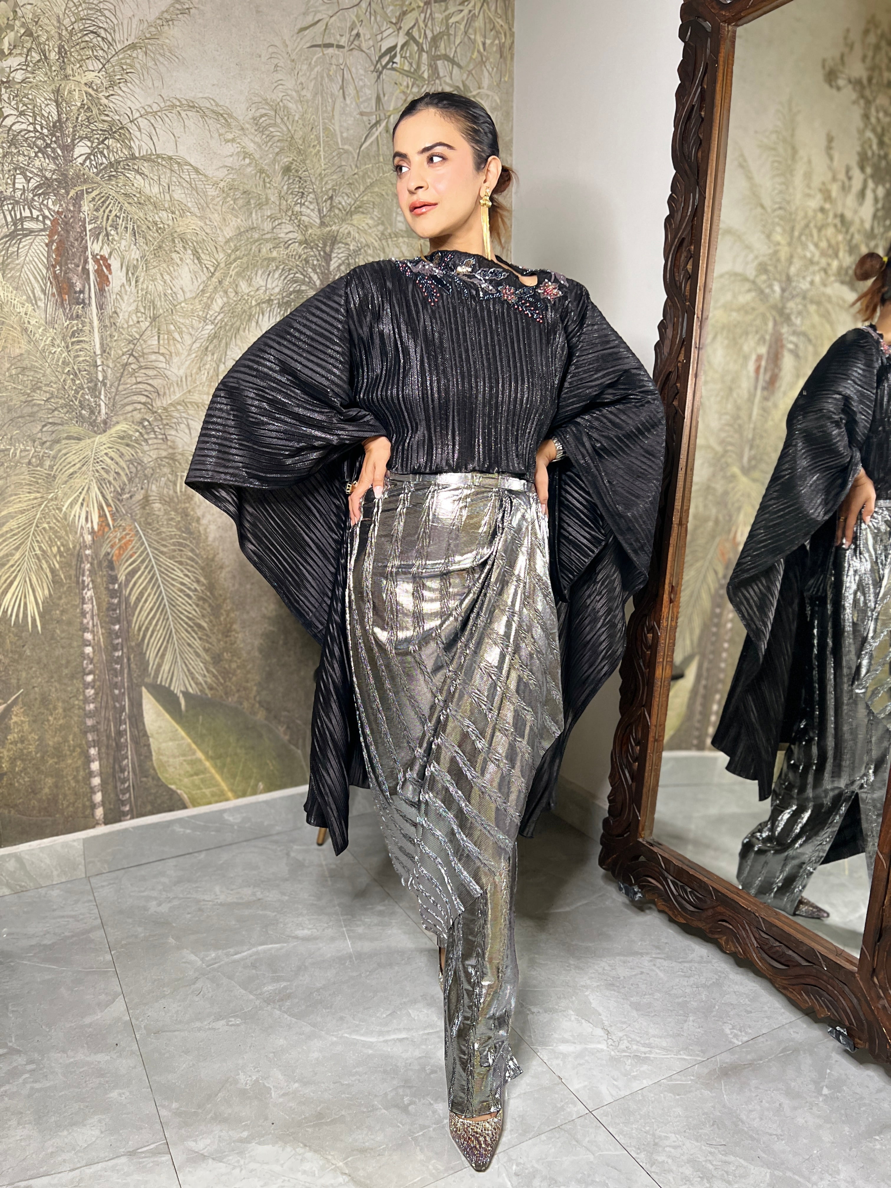 Black cape with silver foil dhoti set