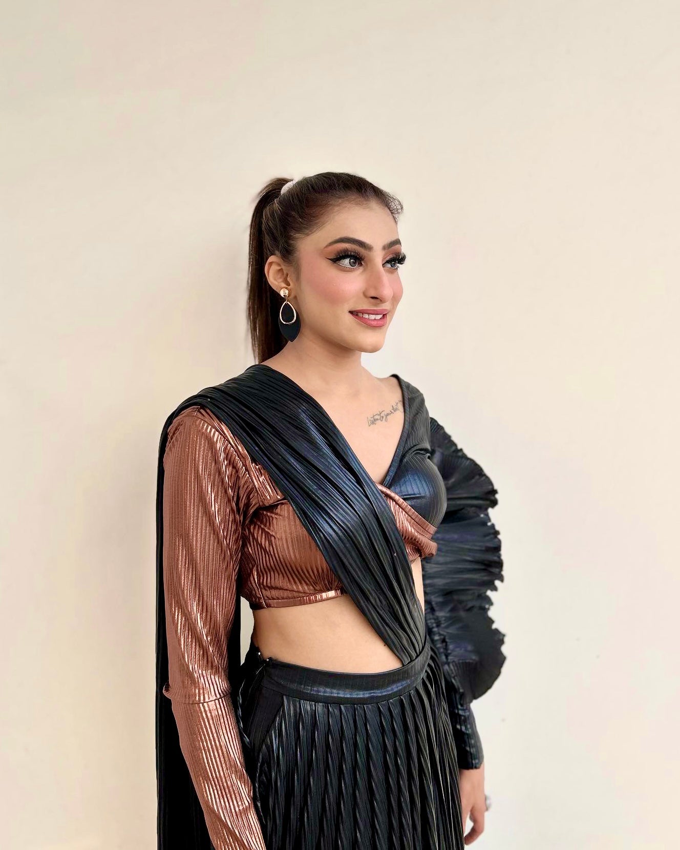 Black & Copper Faux Leather Drape saree with Ruffle Blouse