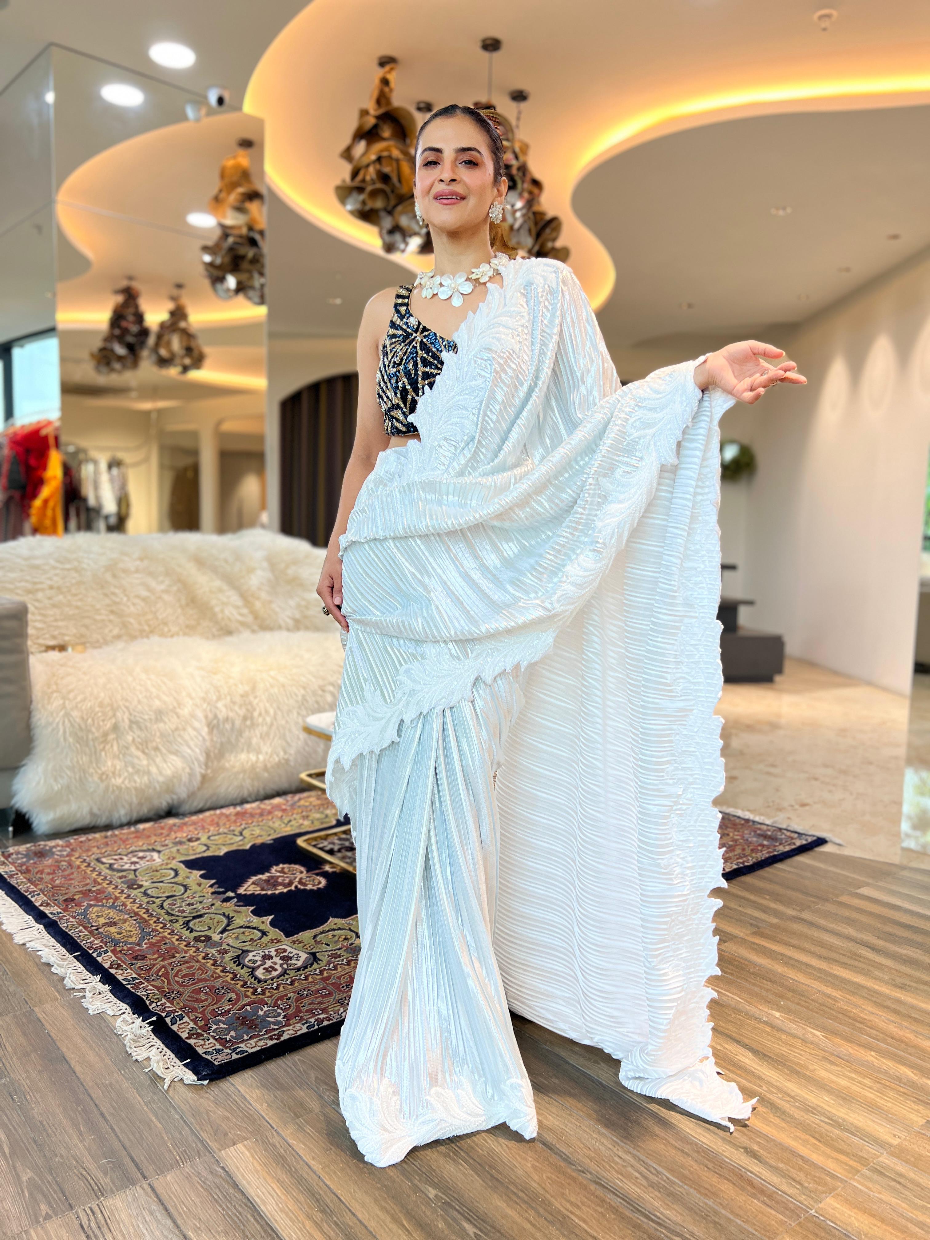 Pearl white embroidered Saree with Zardosi Blouse