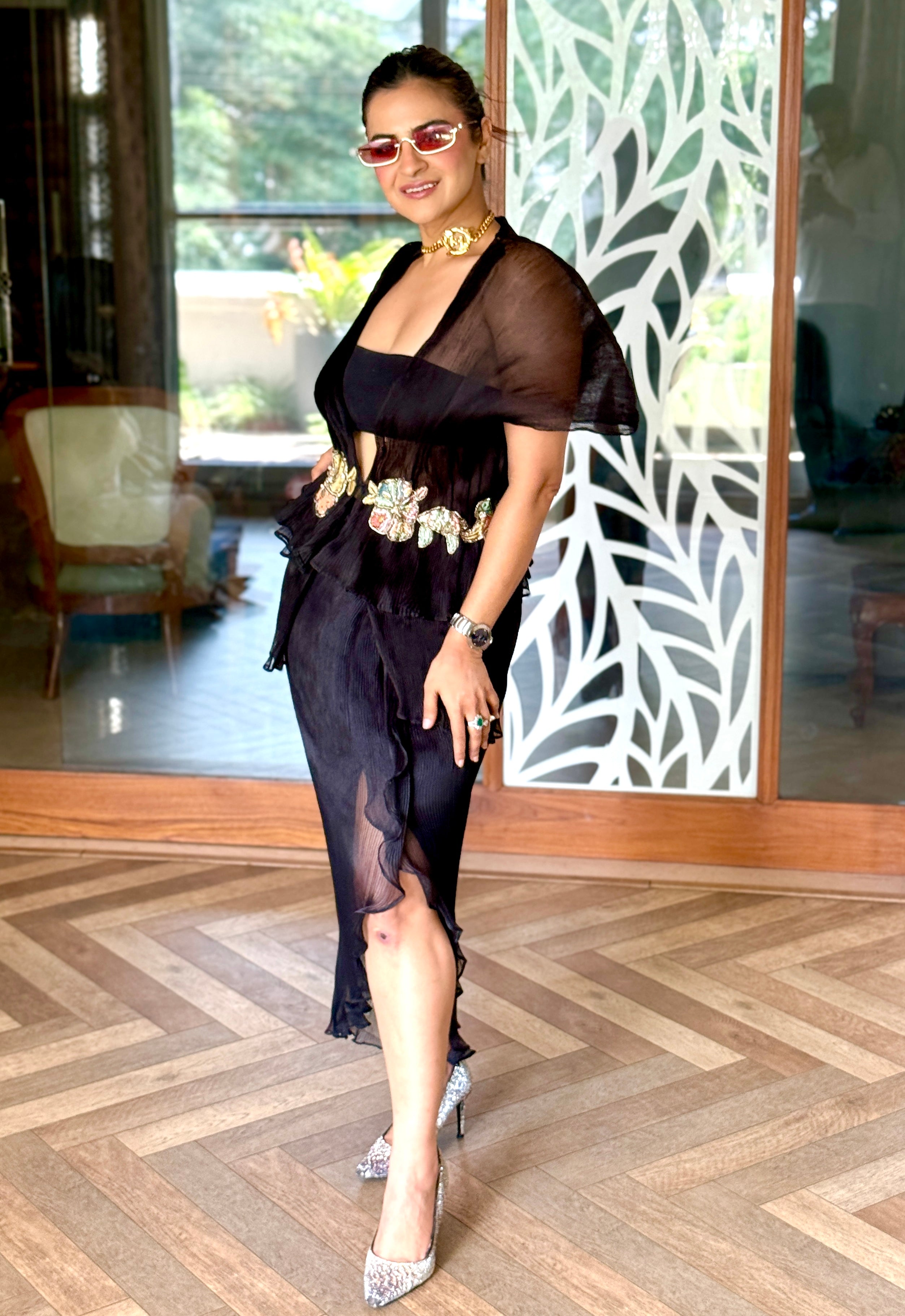 Black embroidered moon with Drape skirt set
