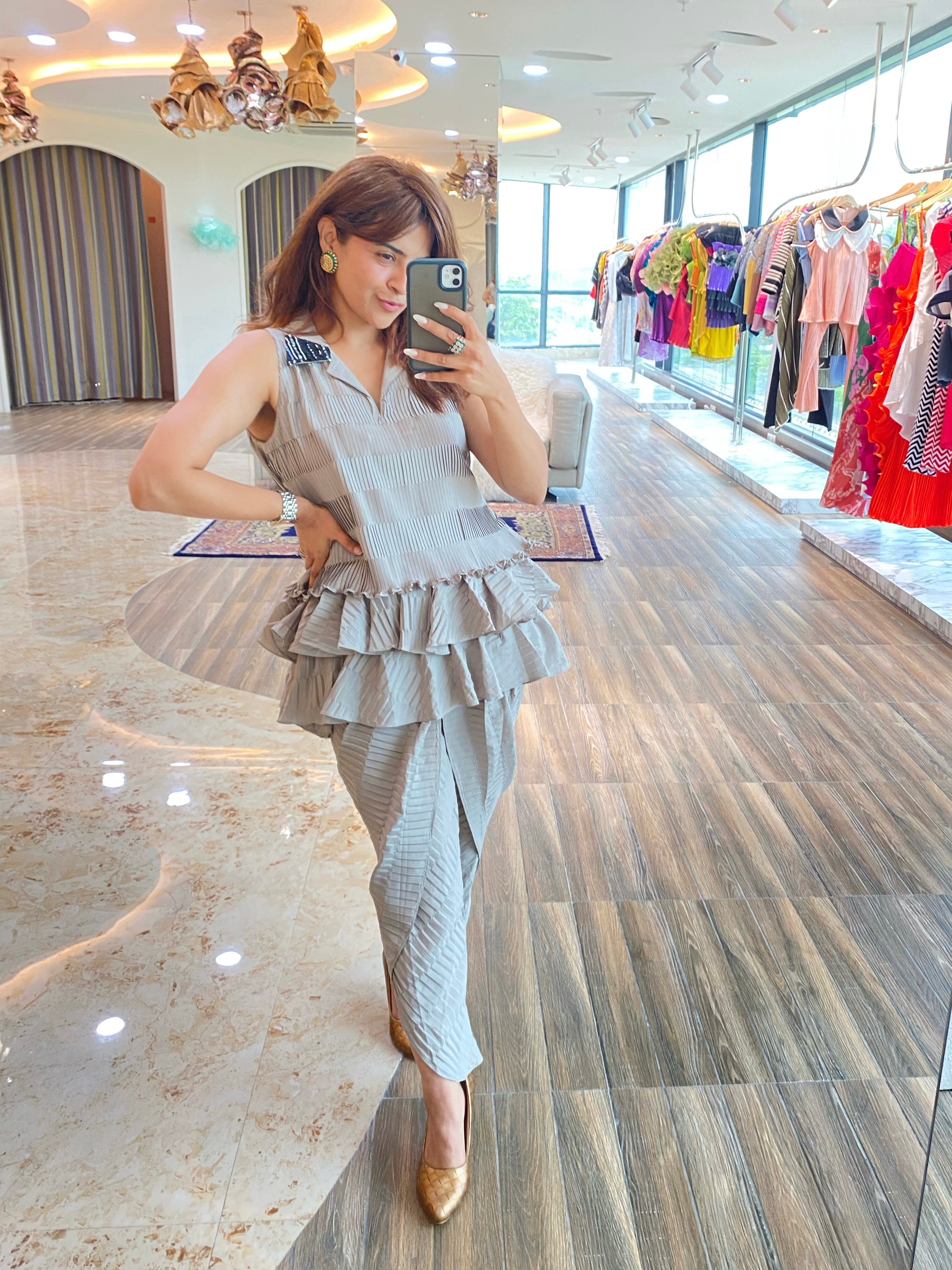 Grey peplum tulip pants set