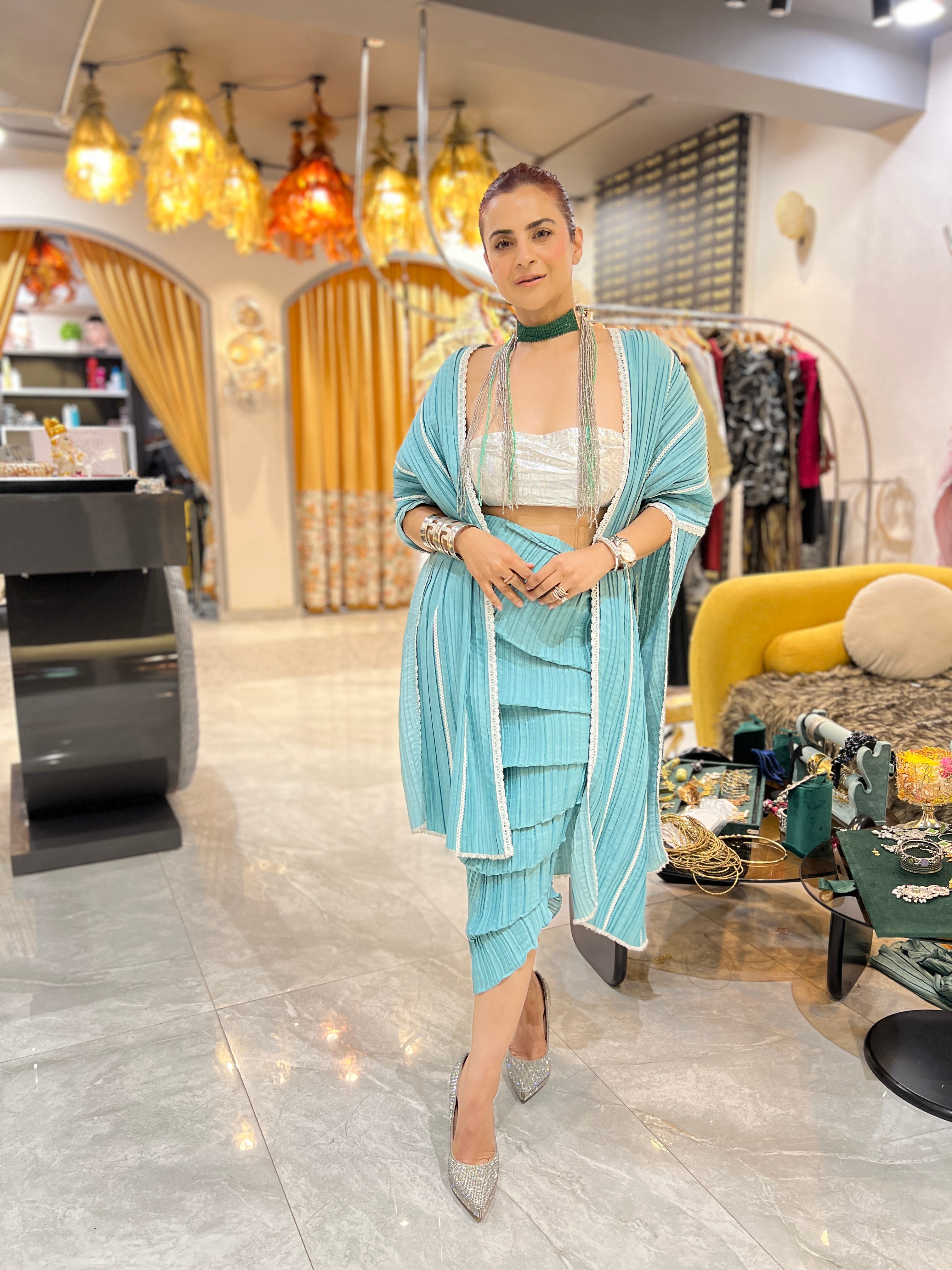 Rushed skirt with illusion cape in Carribean Mint with choker