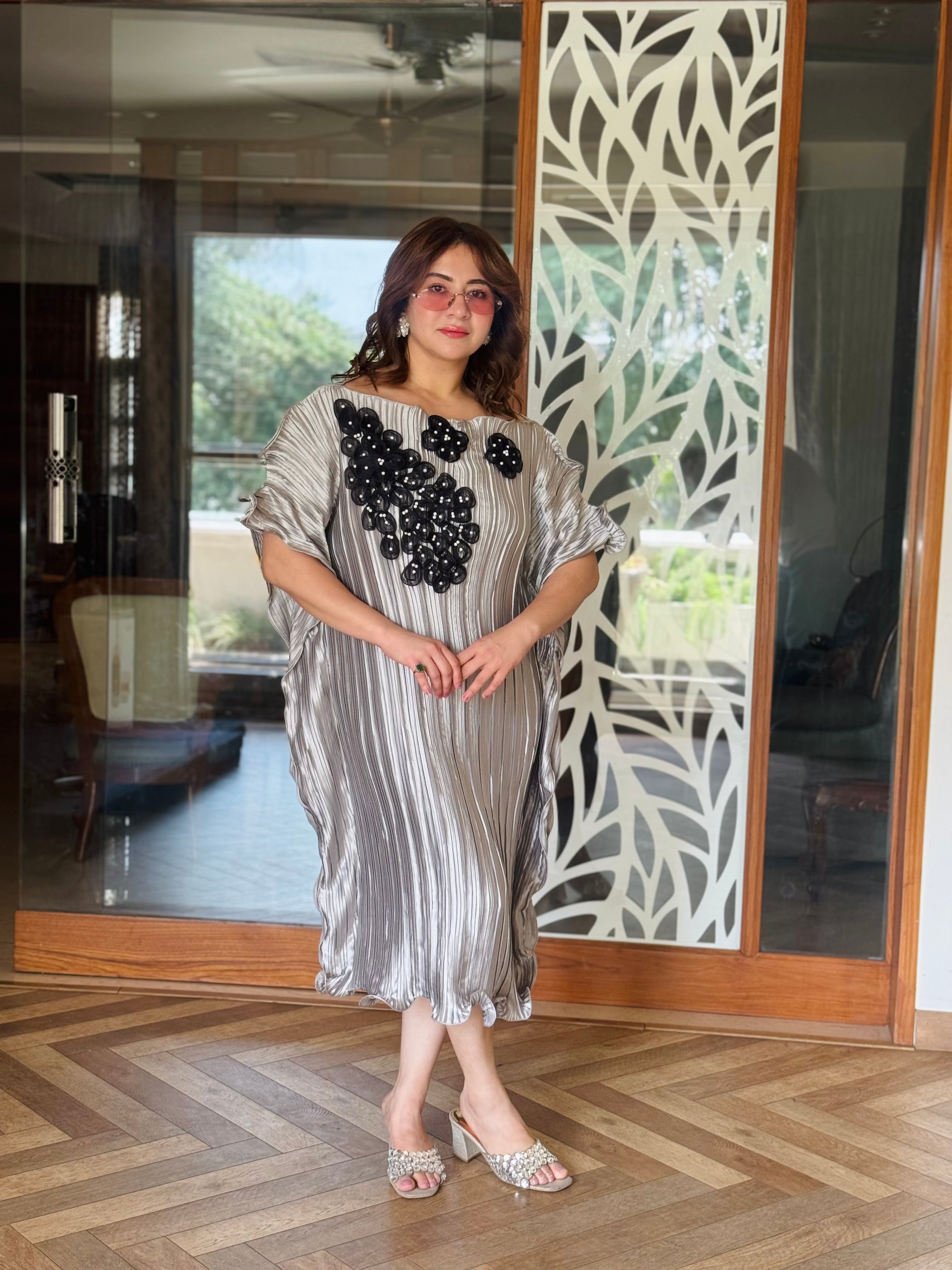 Grey Kaftan with Black Petal Embellishments