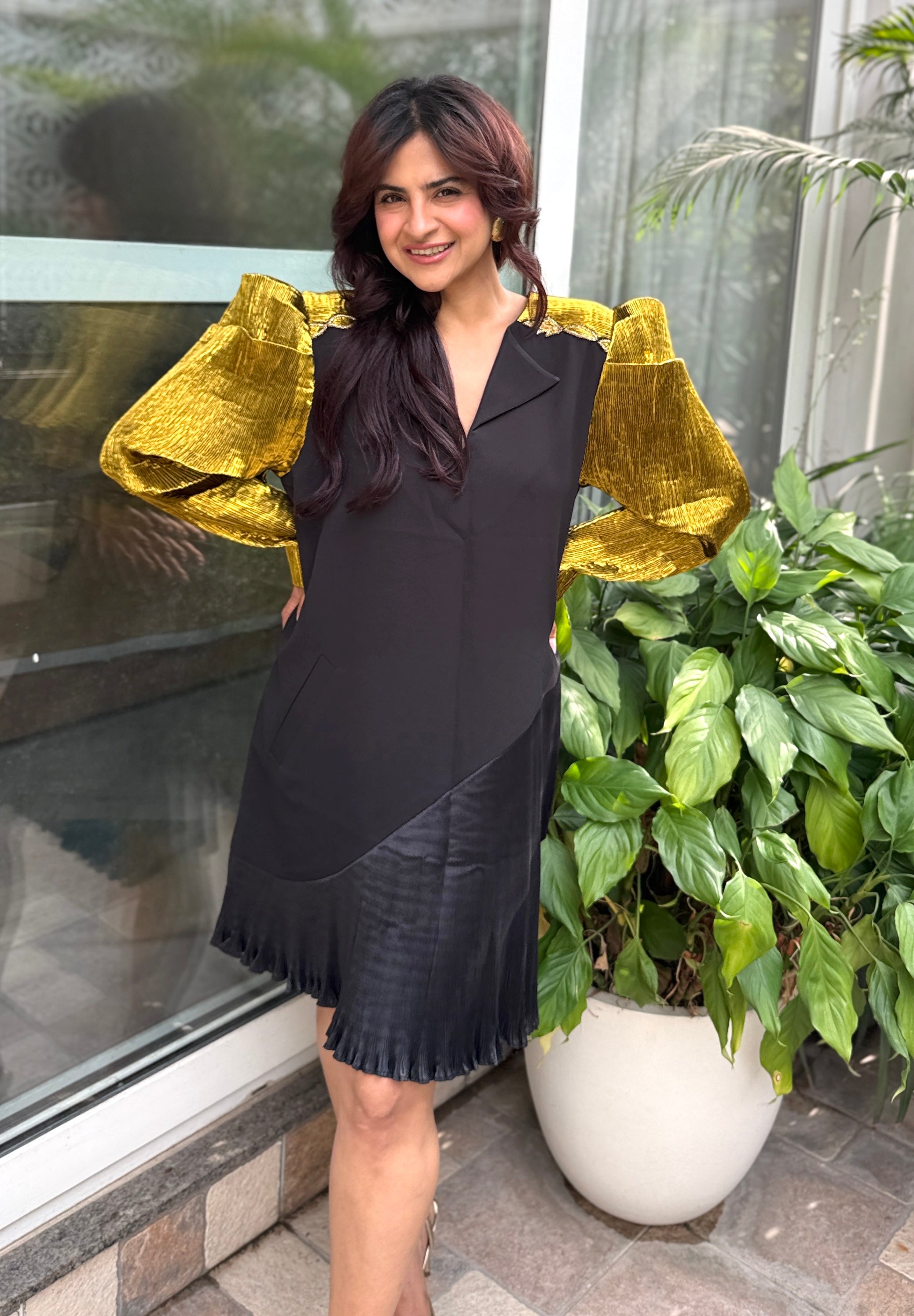 Gold Crazy Shoulder Dress in Gold