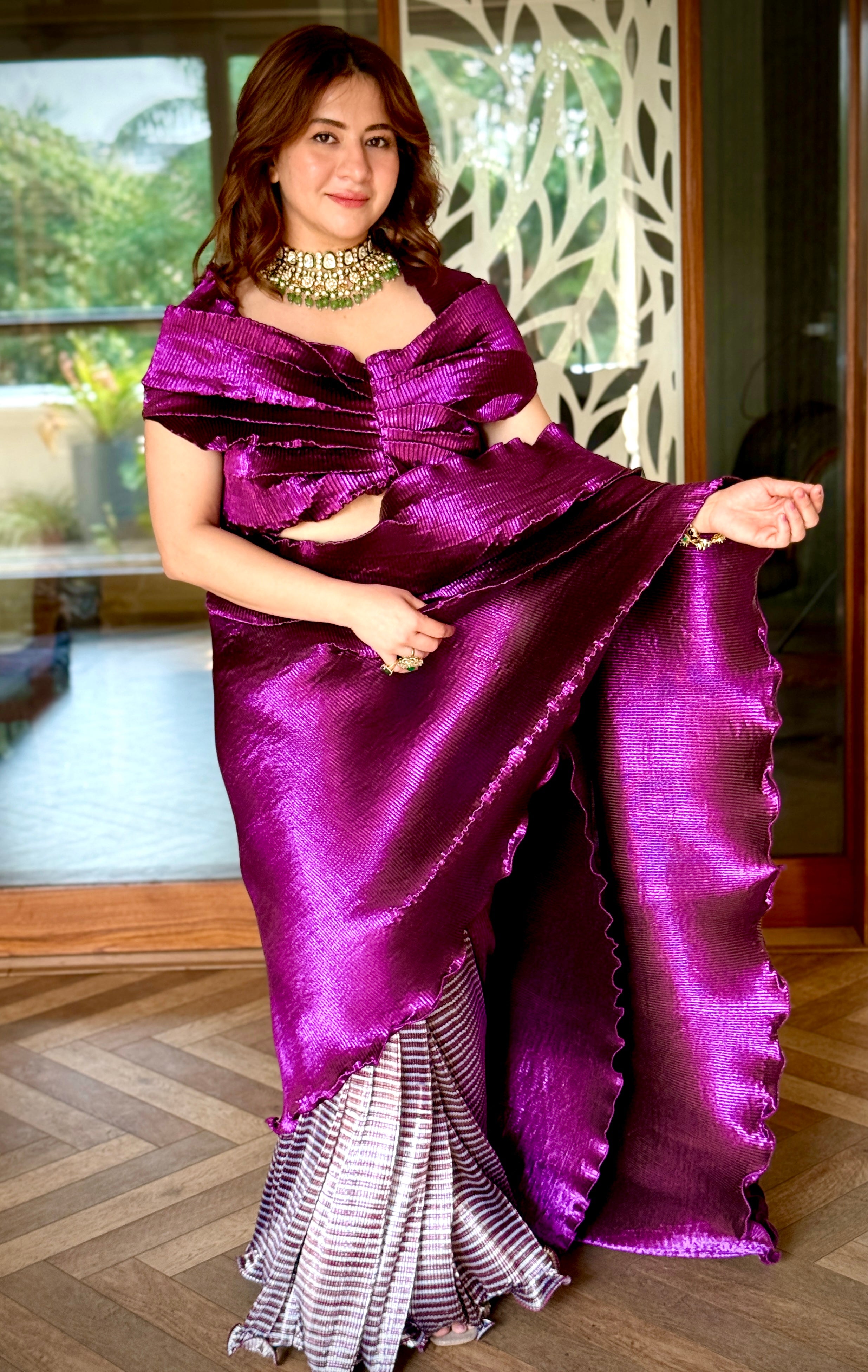 Purple Shimmer - Striped Color block Saree