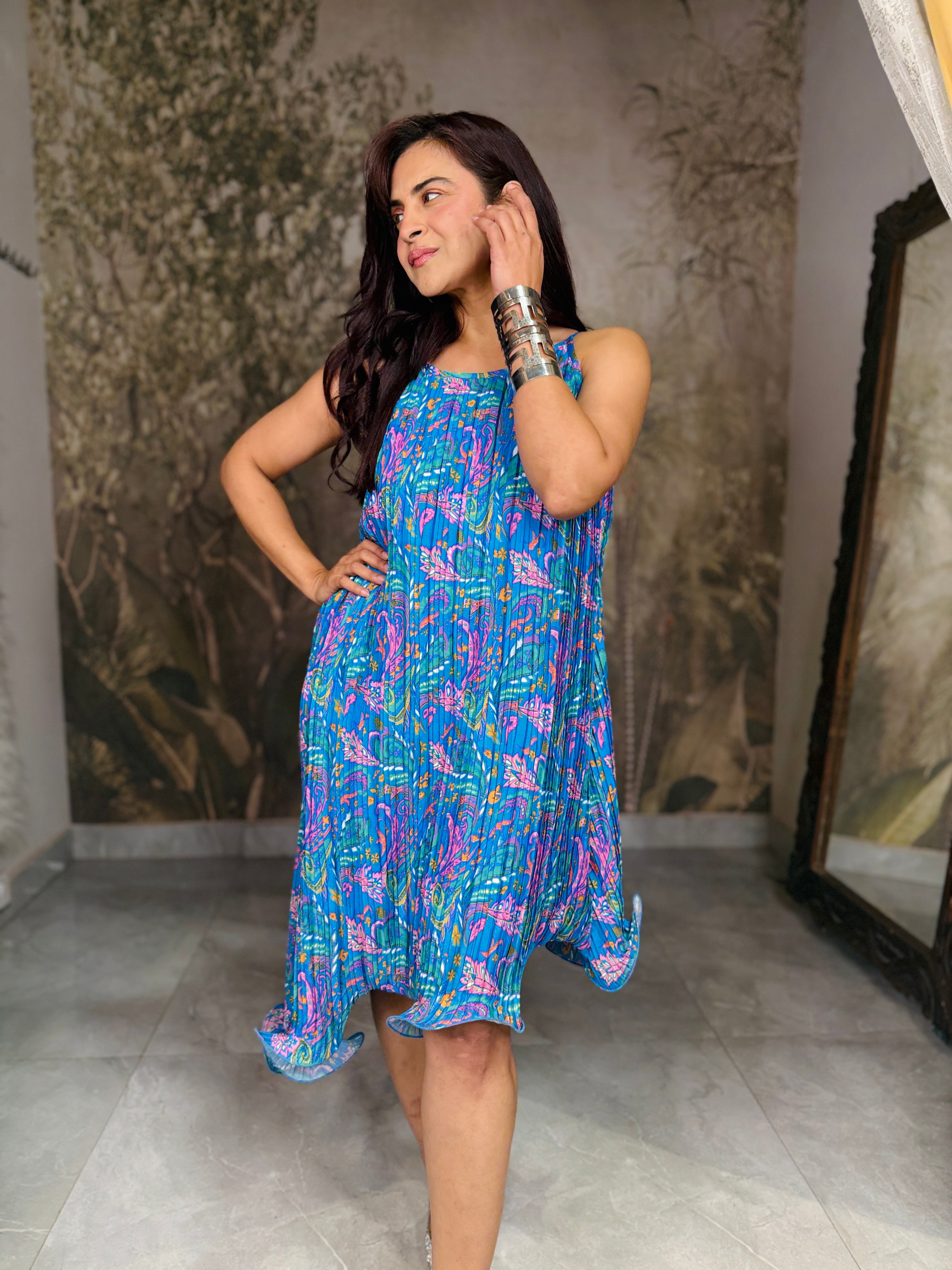 Paisley groove halter neck ruffle dress