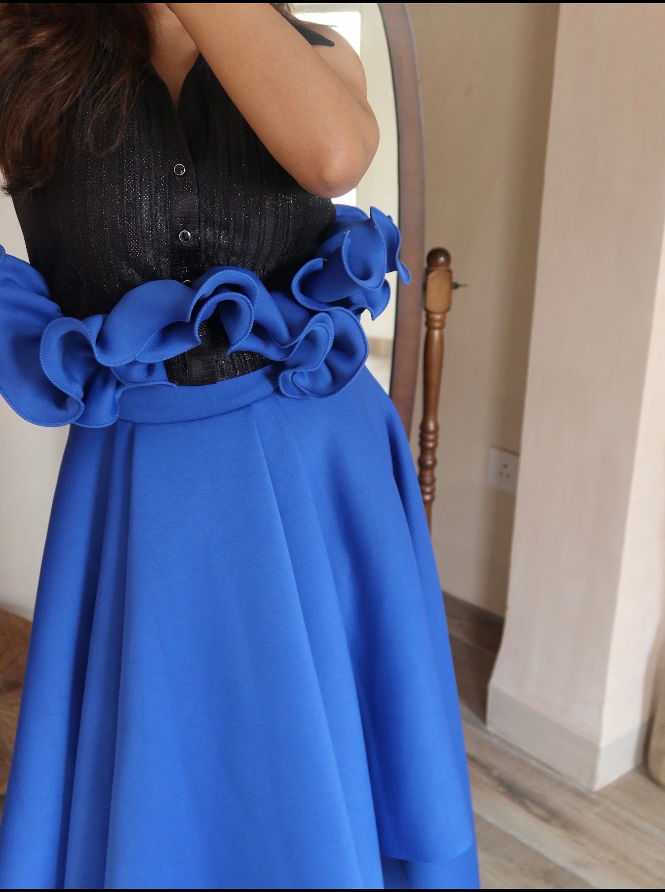 Ruffle  Drama Skirt Set in blue and black