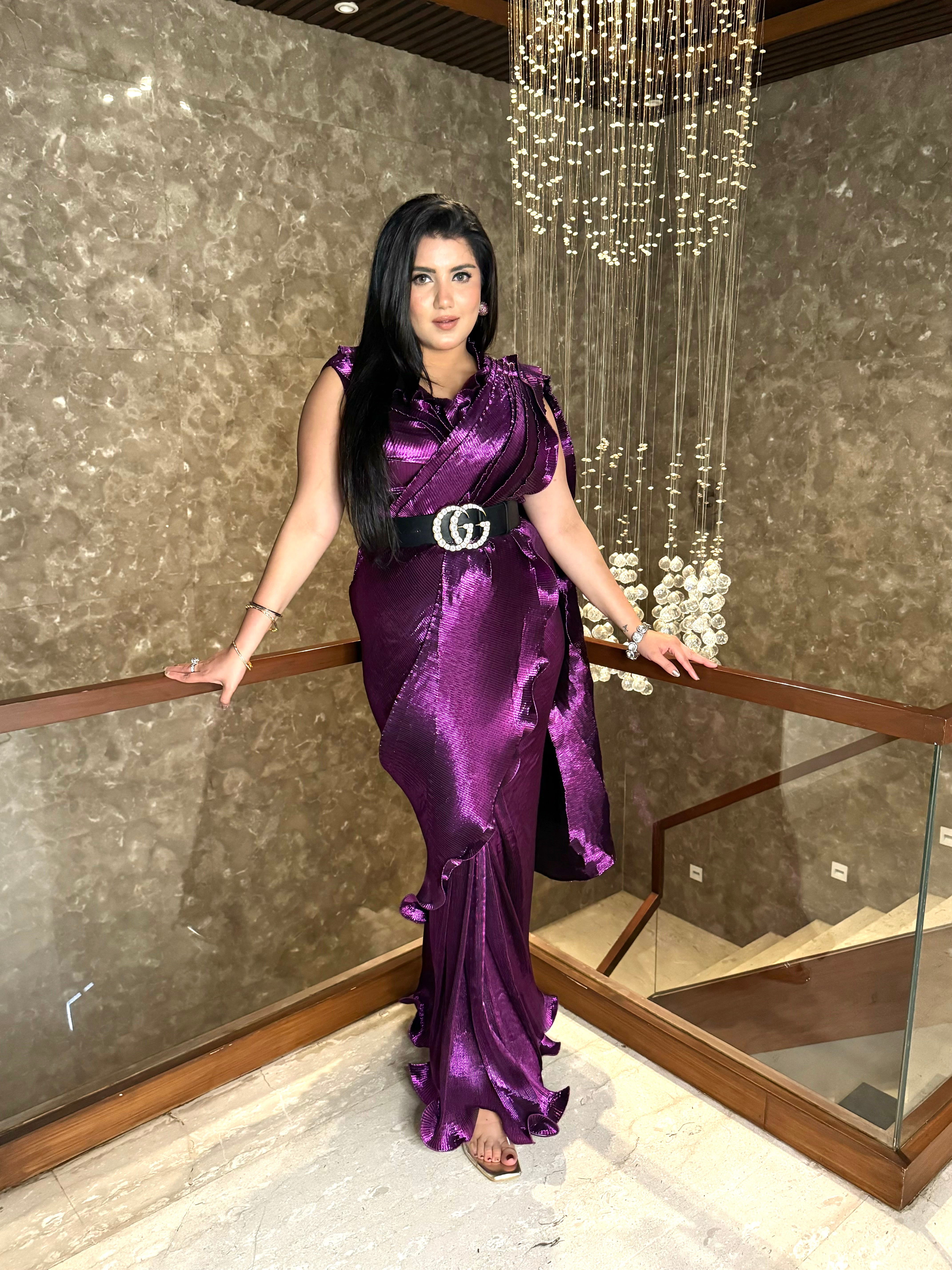 Pre-stitched saree with multi drape top in Viva Magenta