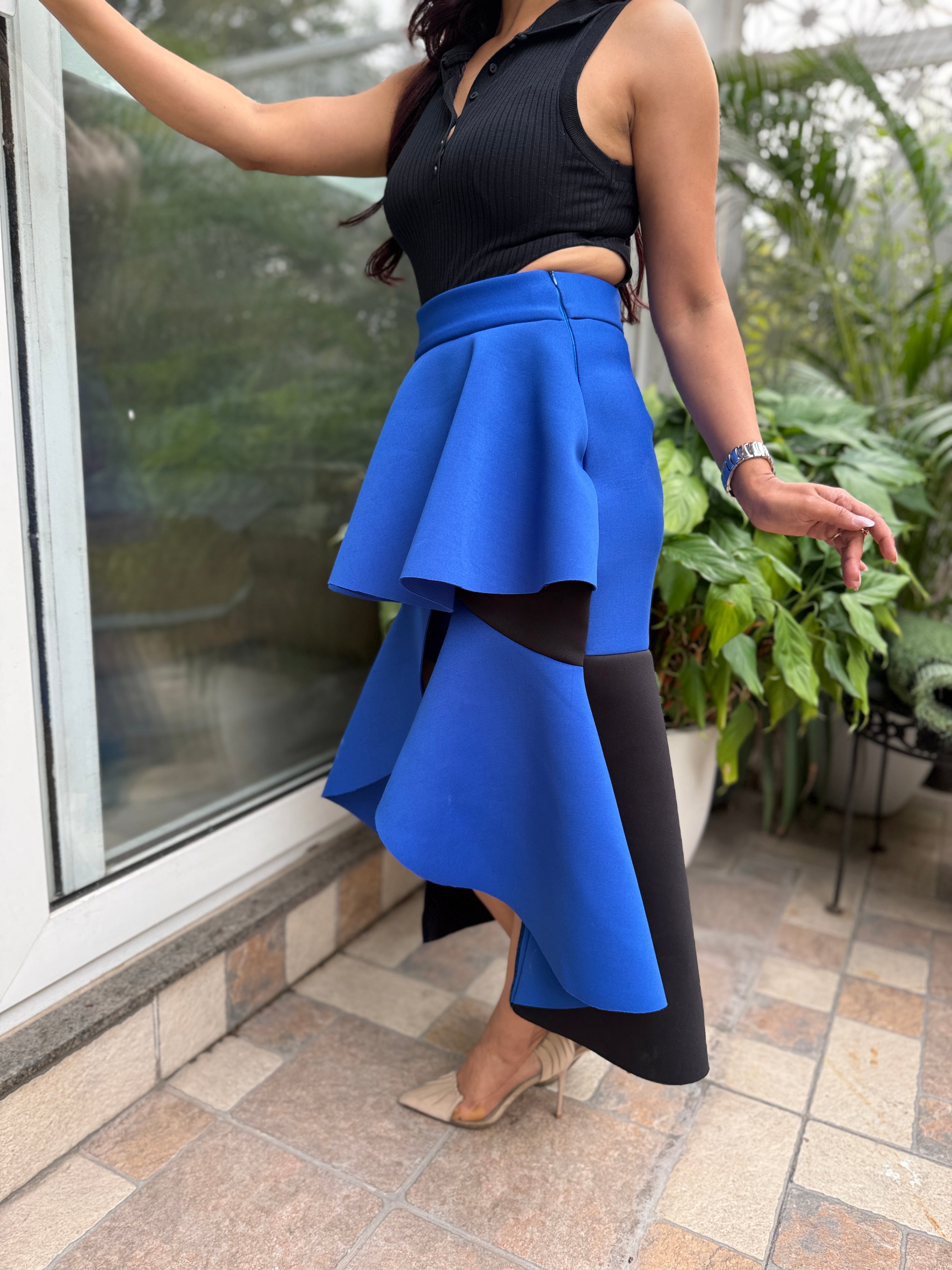 Ruffle Hi-Low Colorblock Skirt in Blue & Black