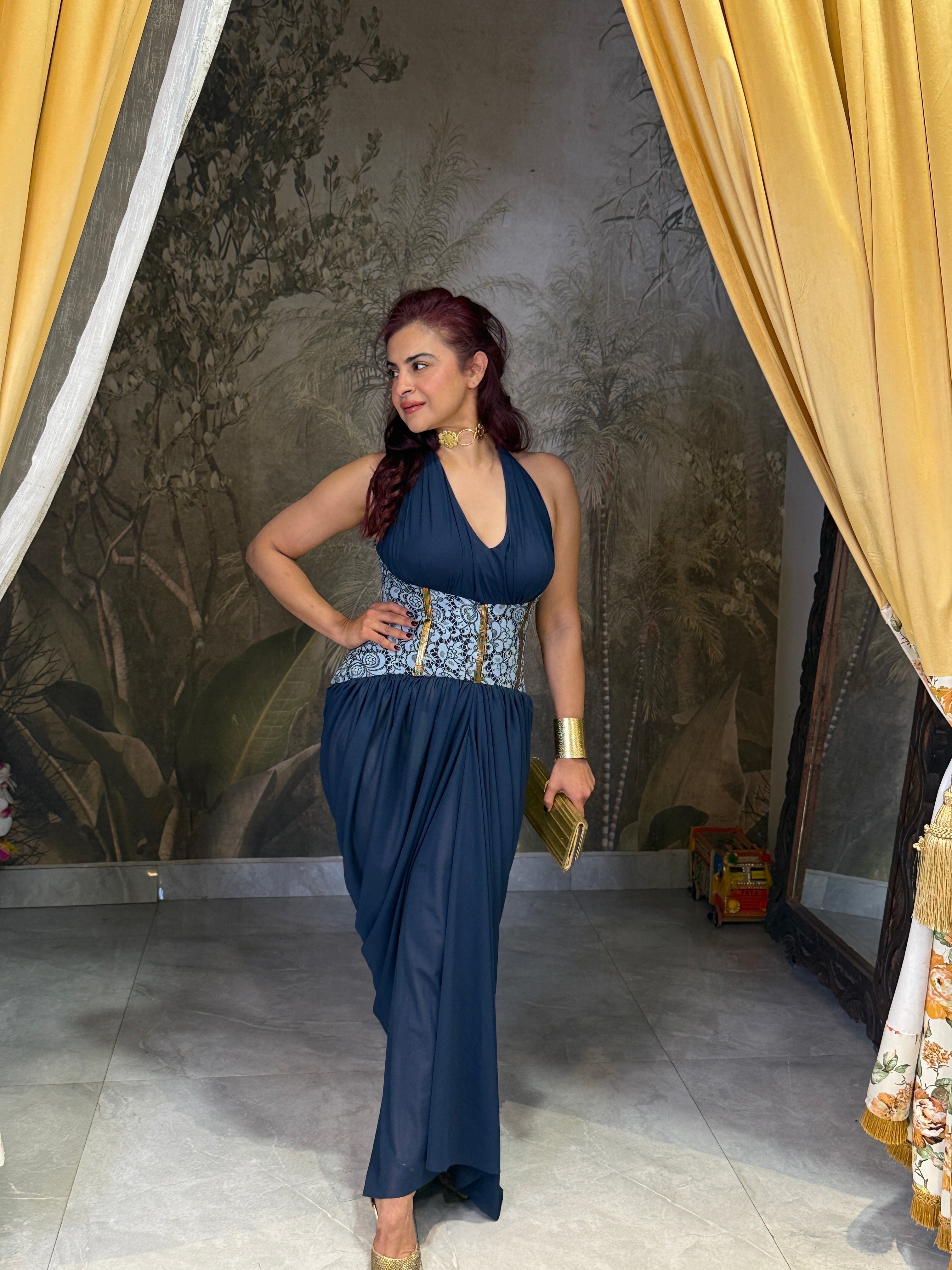 Saphire blue  V-neck Lycra corset gown .