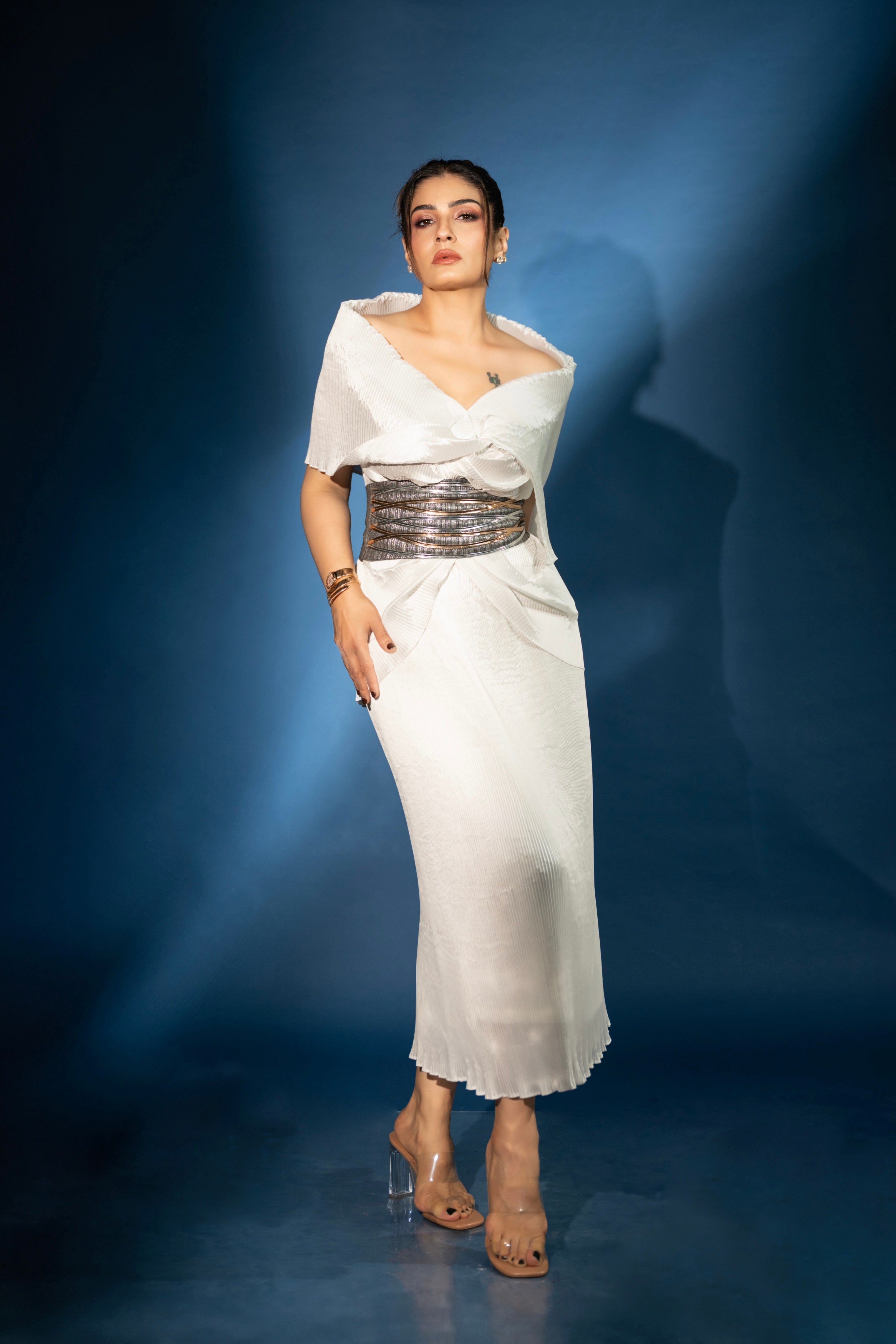 Silk Multi Drape Long Skirt Set in Ivory