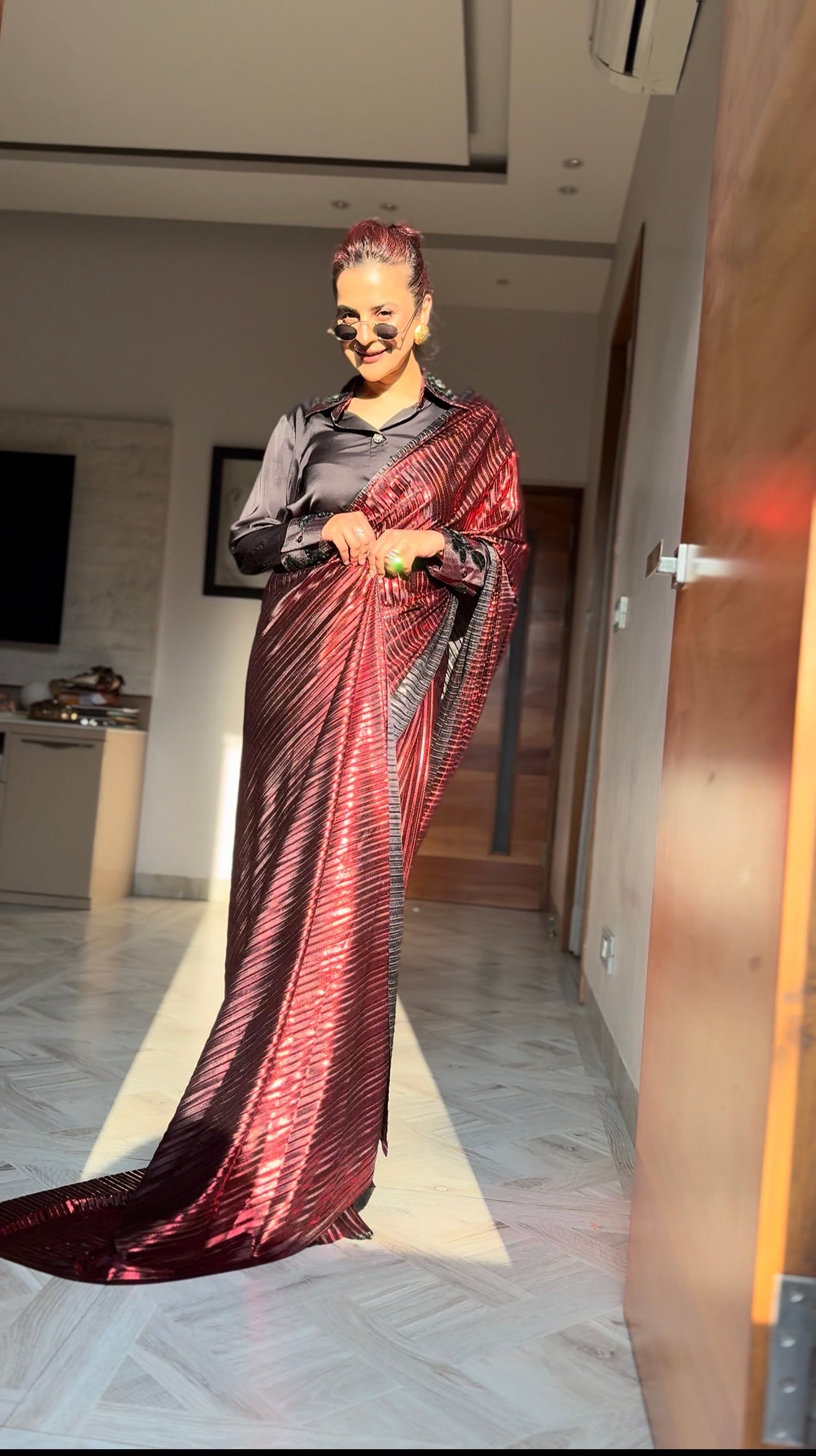 Venetian Red power drape saree blazer set