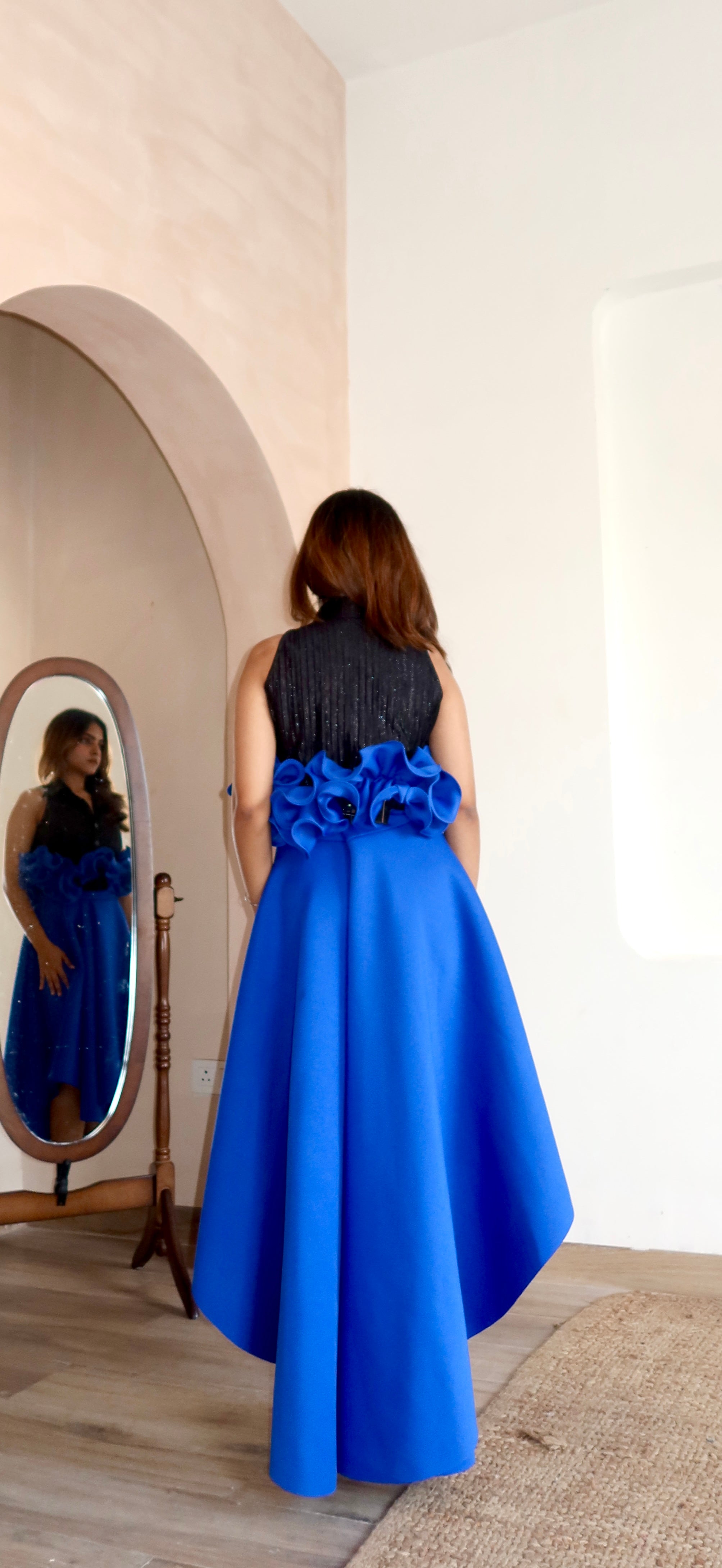 Ruffle  Drama Skirt Set in blue and black