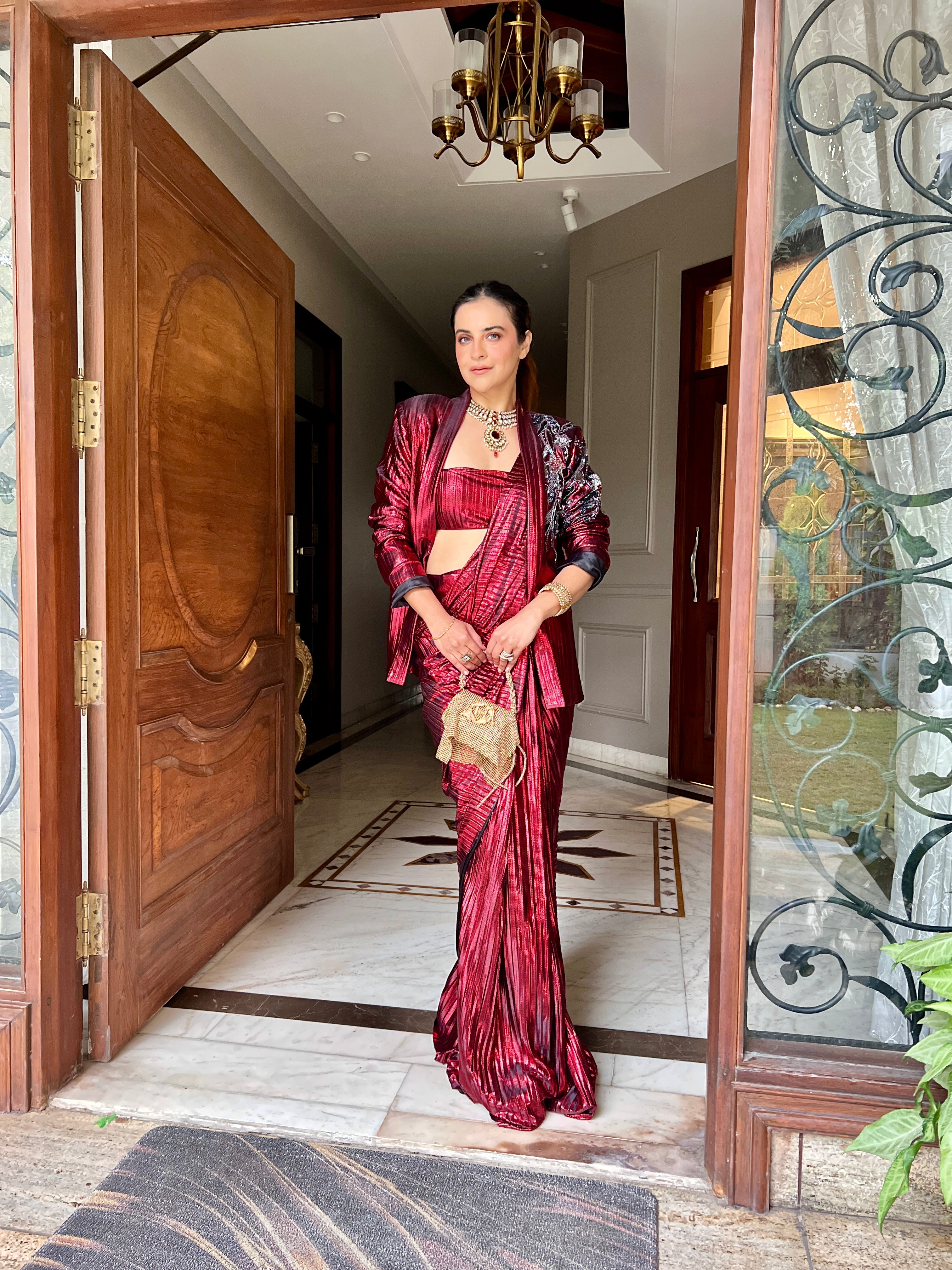 Venetian Red power drape saree set