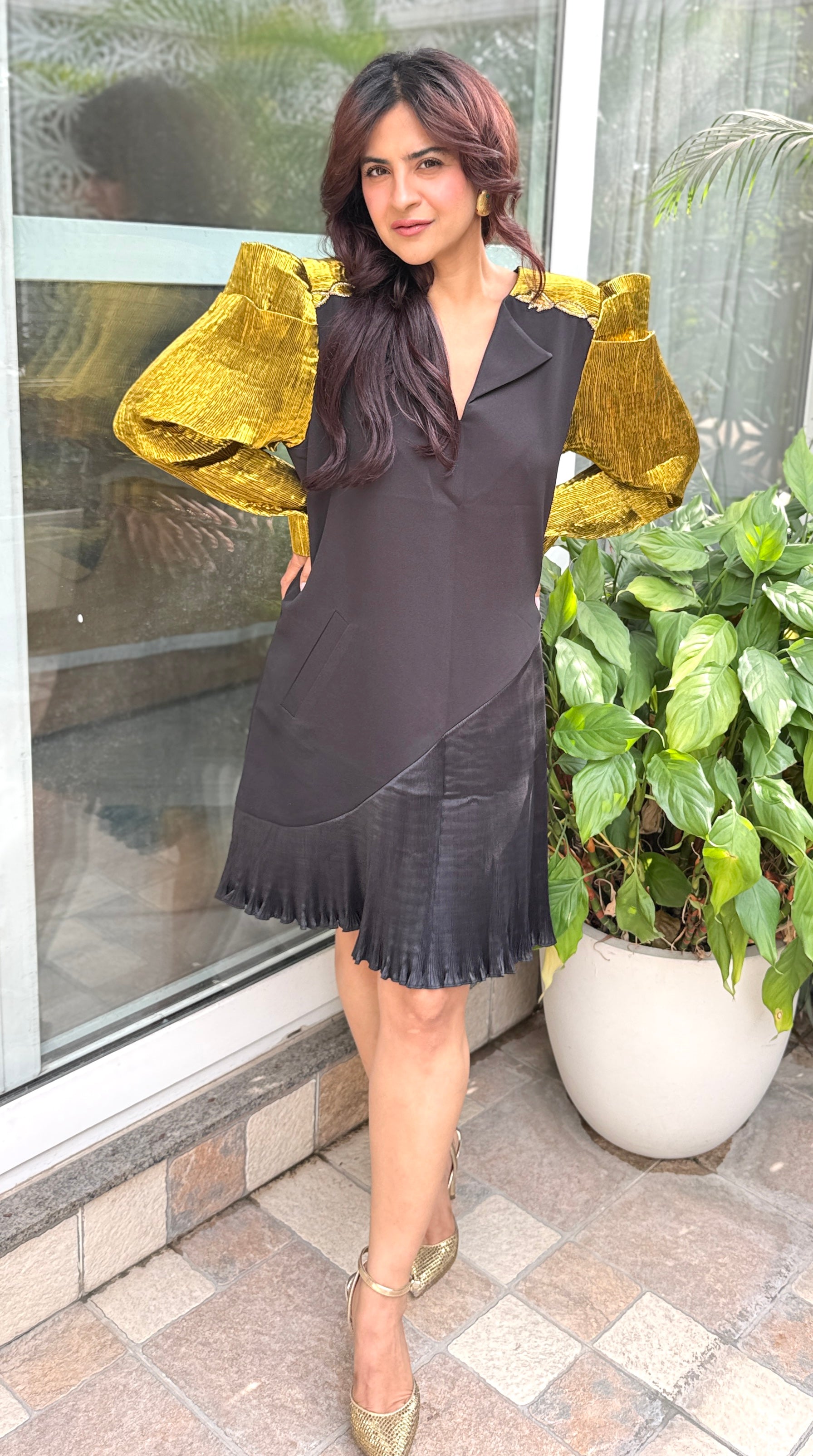Gold Crazy Shoulder Dress in Gold