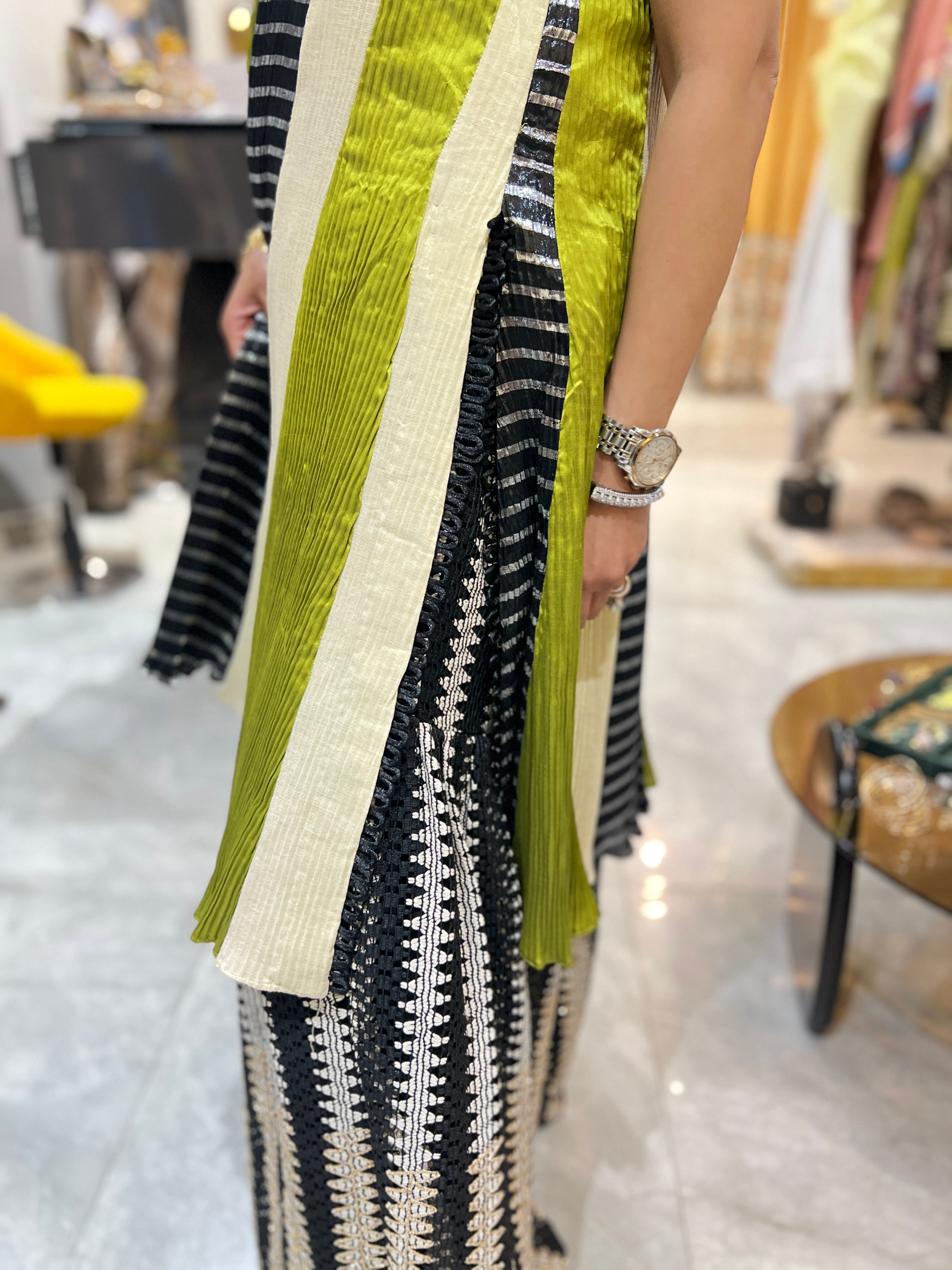 Collared embellished green gota embroidered kurta gharara set with earrings
