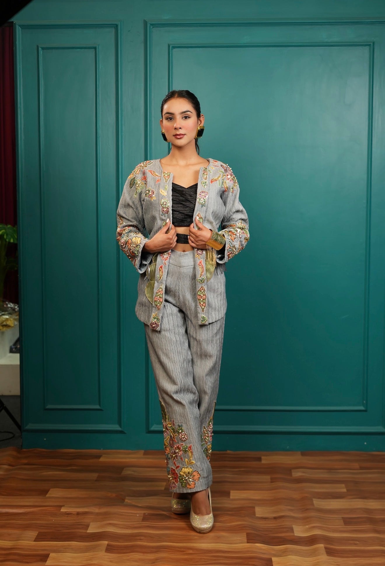 Dove grey denim embellished co ord set