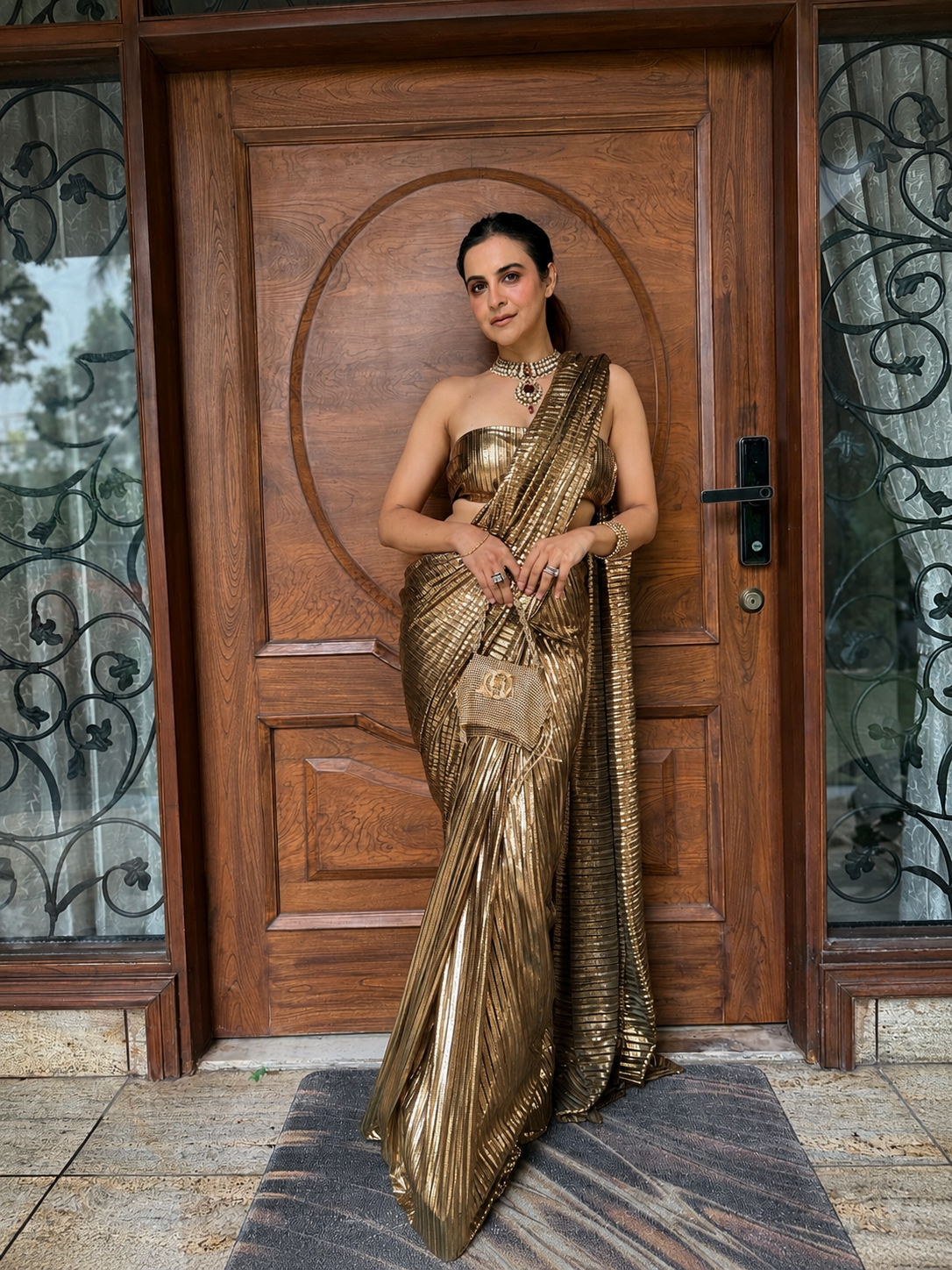 Renaissance gold foil pre-draped saree set