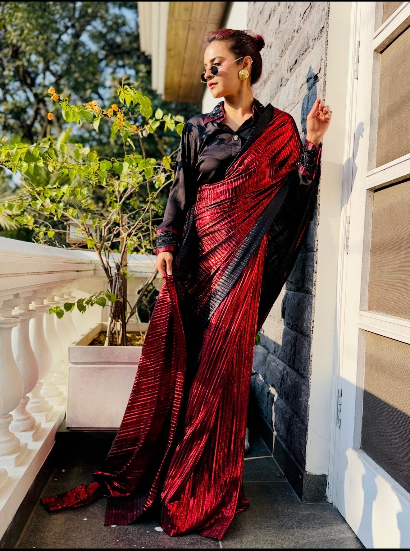 Venetian Red power drape saree blazer set