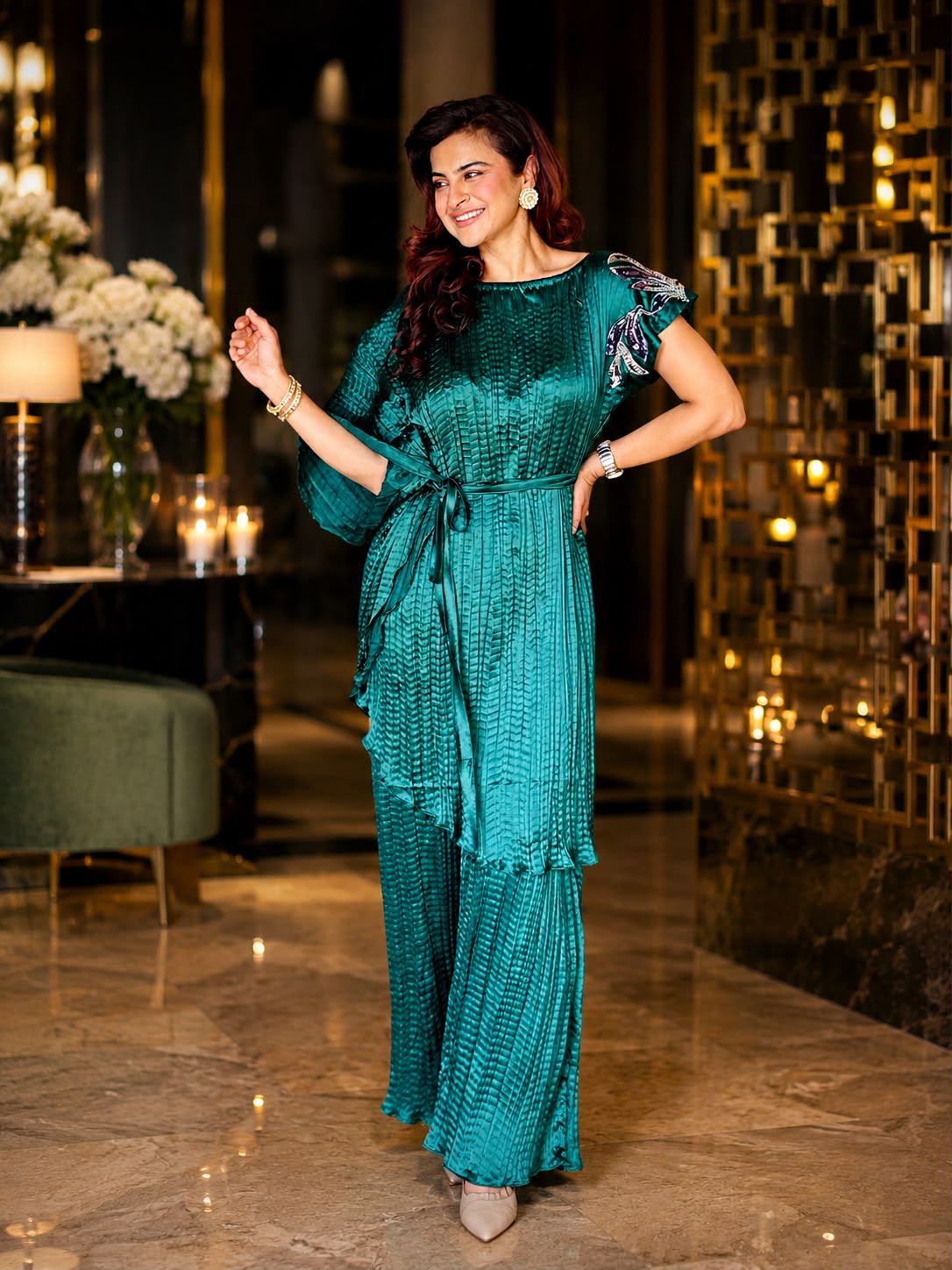 Emerald Geen Embroidered Pants set in Bottle Green