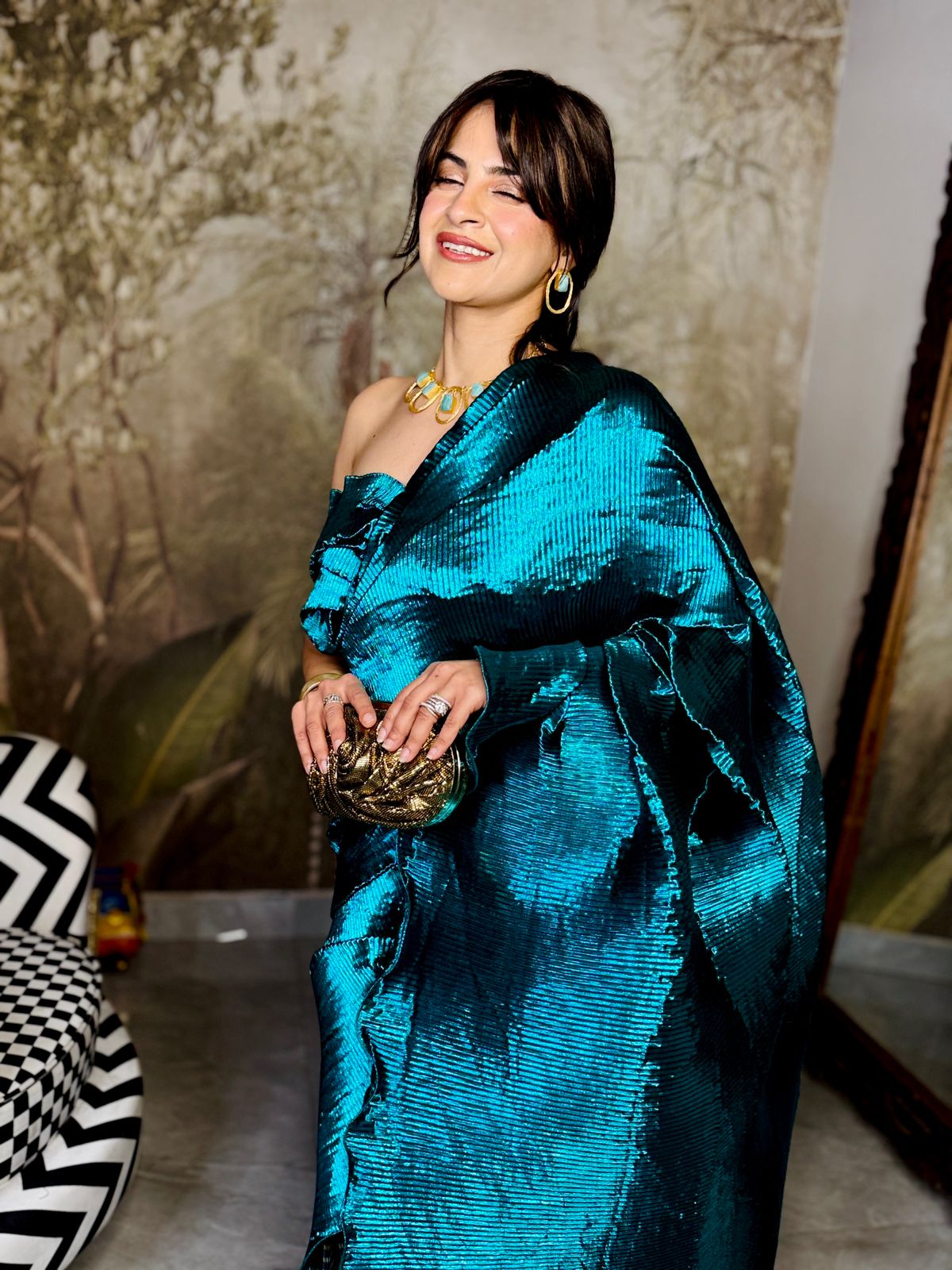 Aqua Blue colorblock saree with stripes