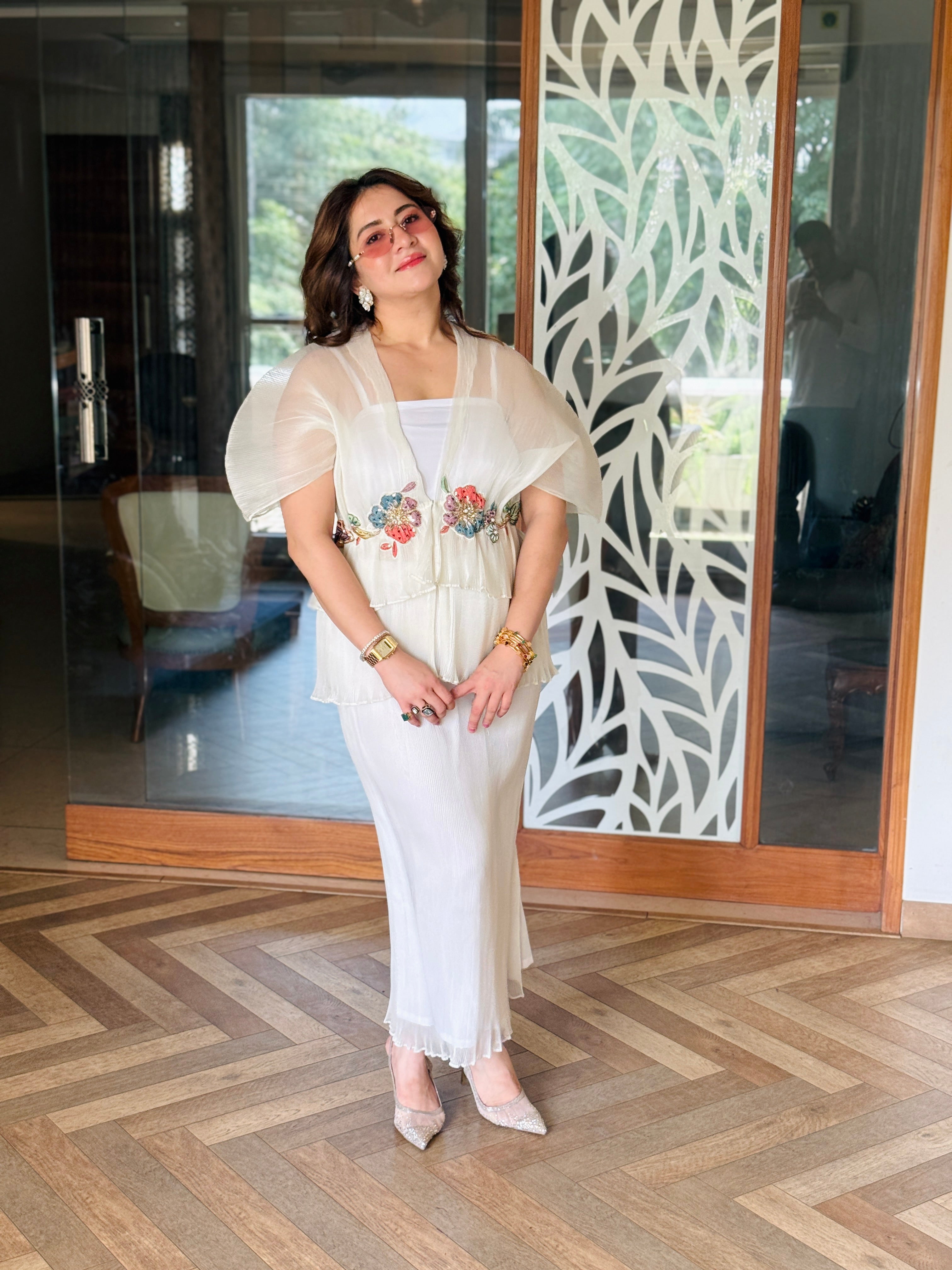 Embroidered Moon Top in ivory with skirt