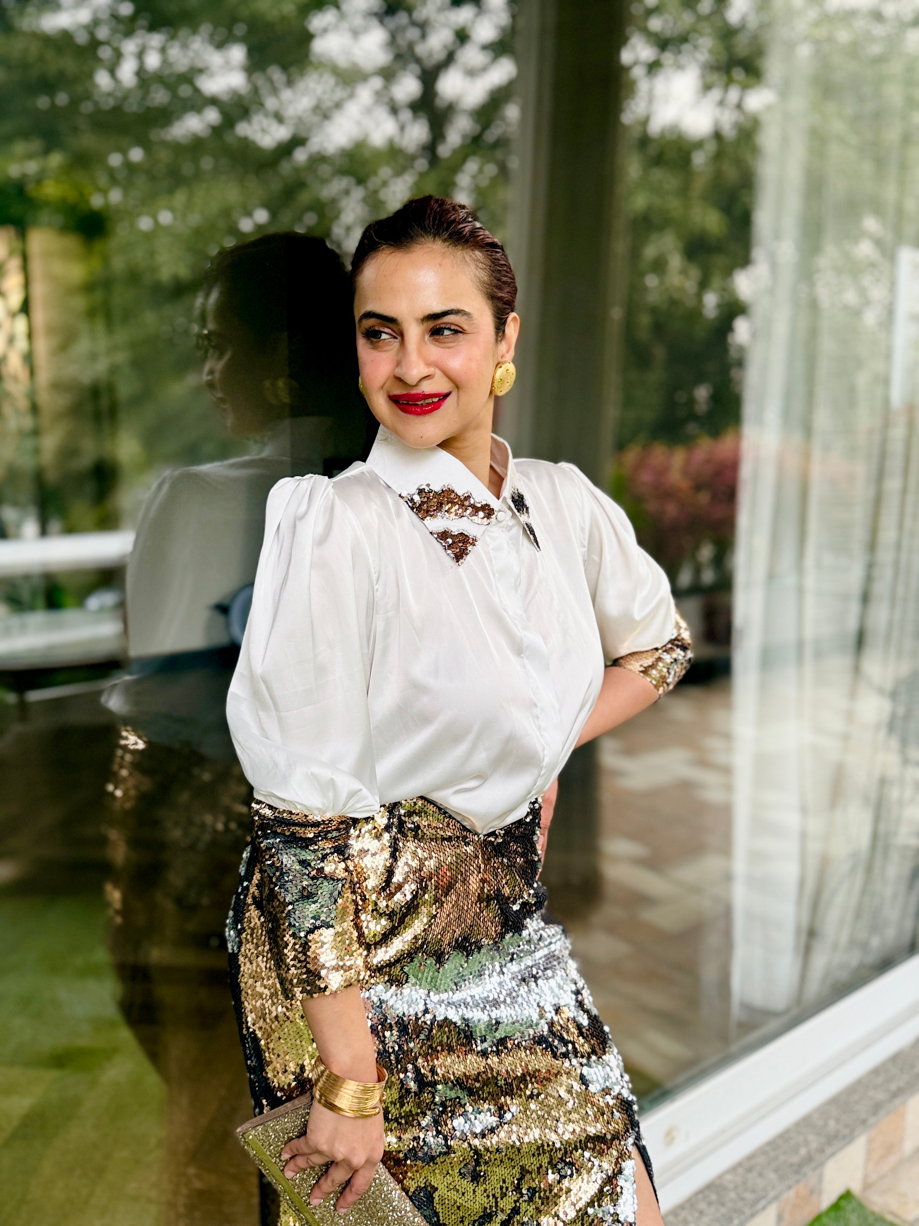 white armani gold silver sequin shirt