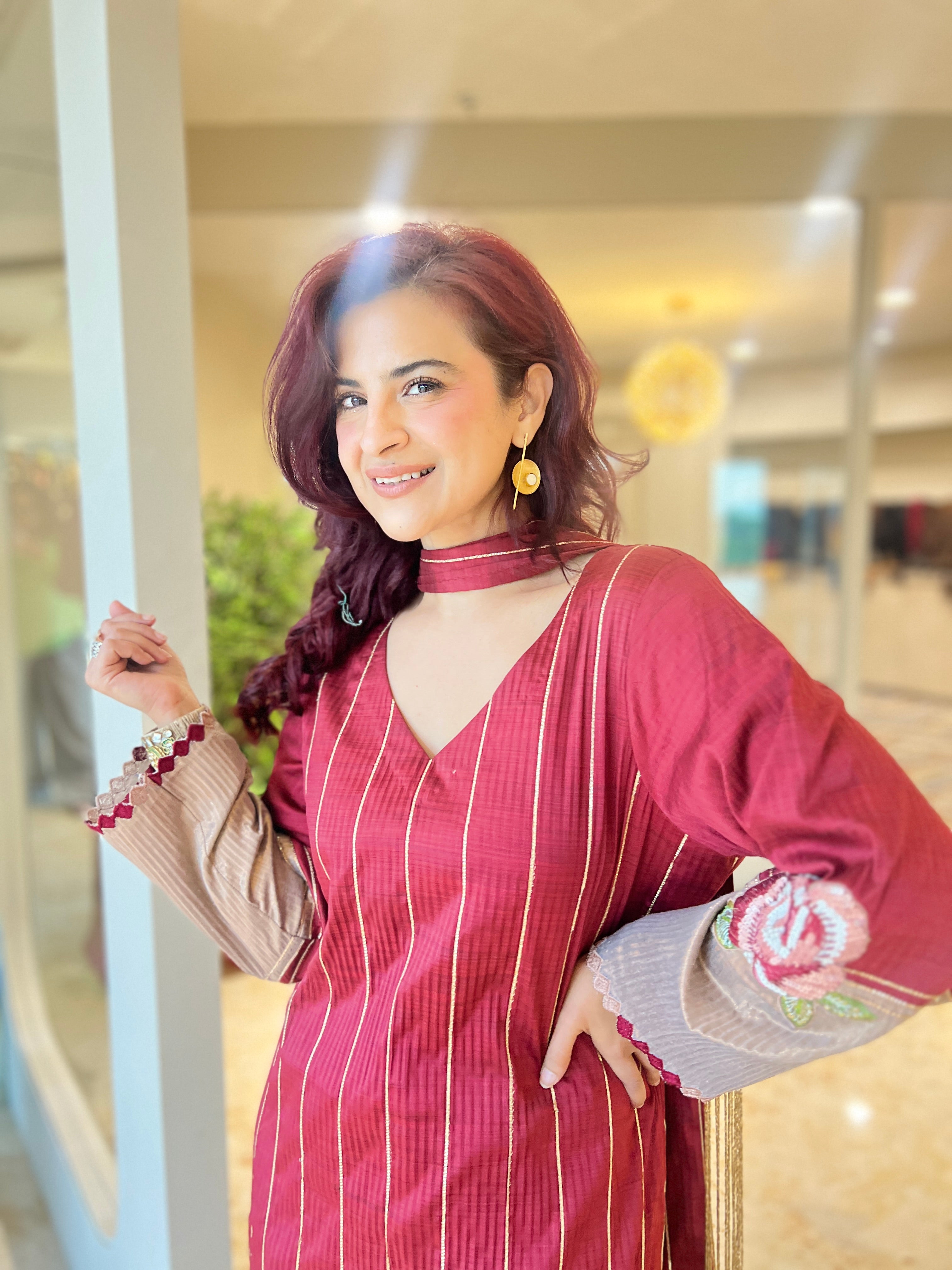 Zuri maroon gota striped suit set