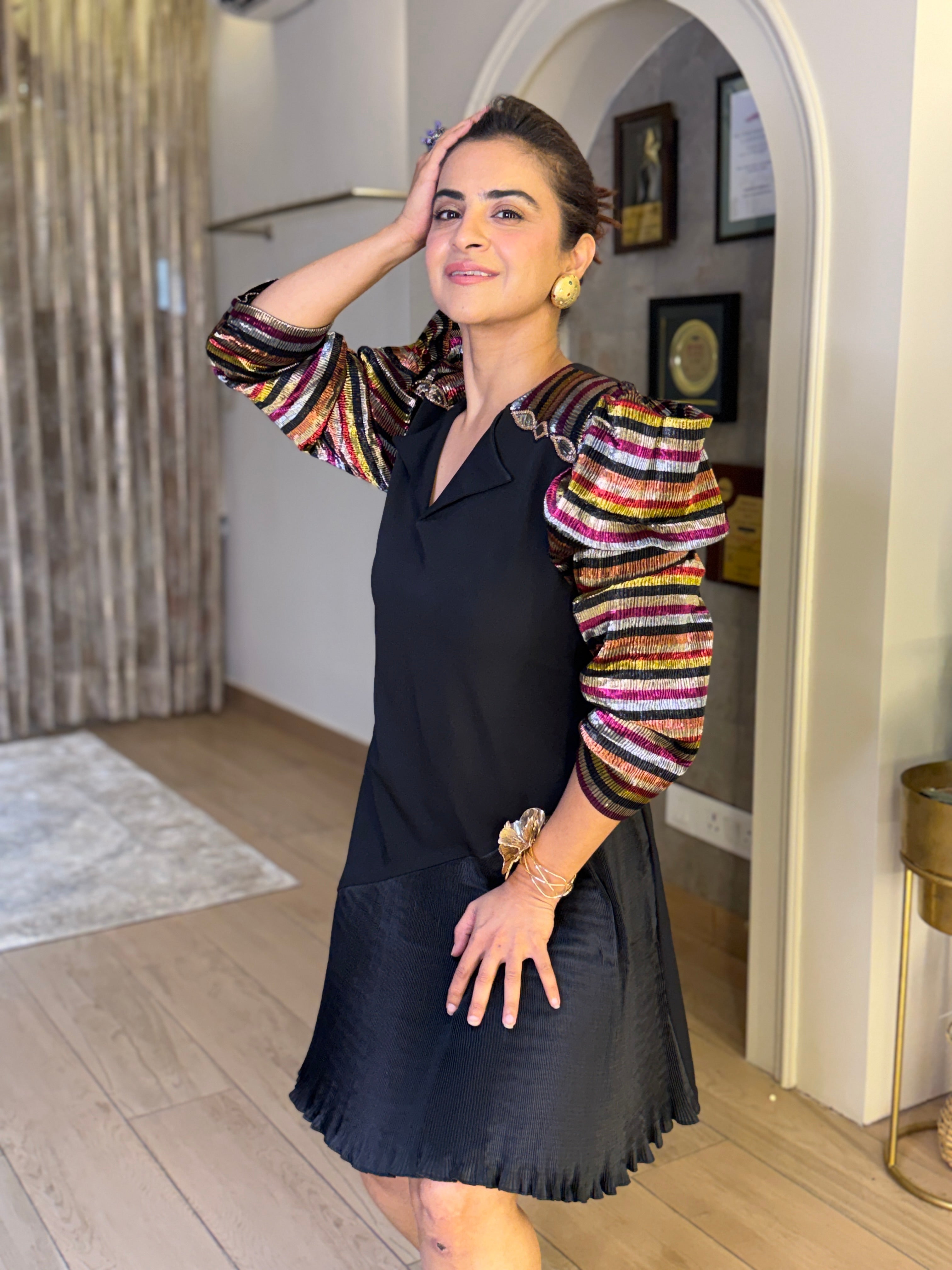 Multicolor Striped Crazy Shoulder Dress in Multicolor