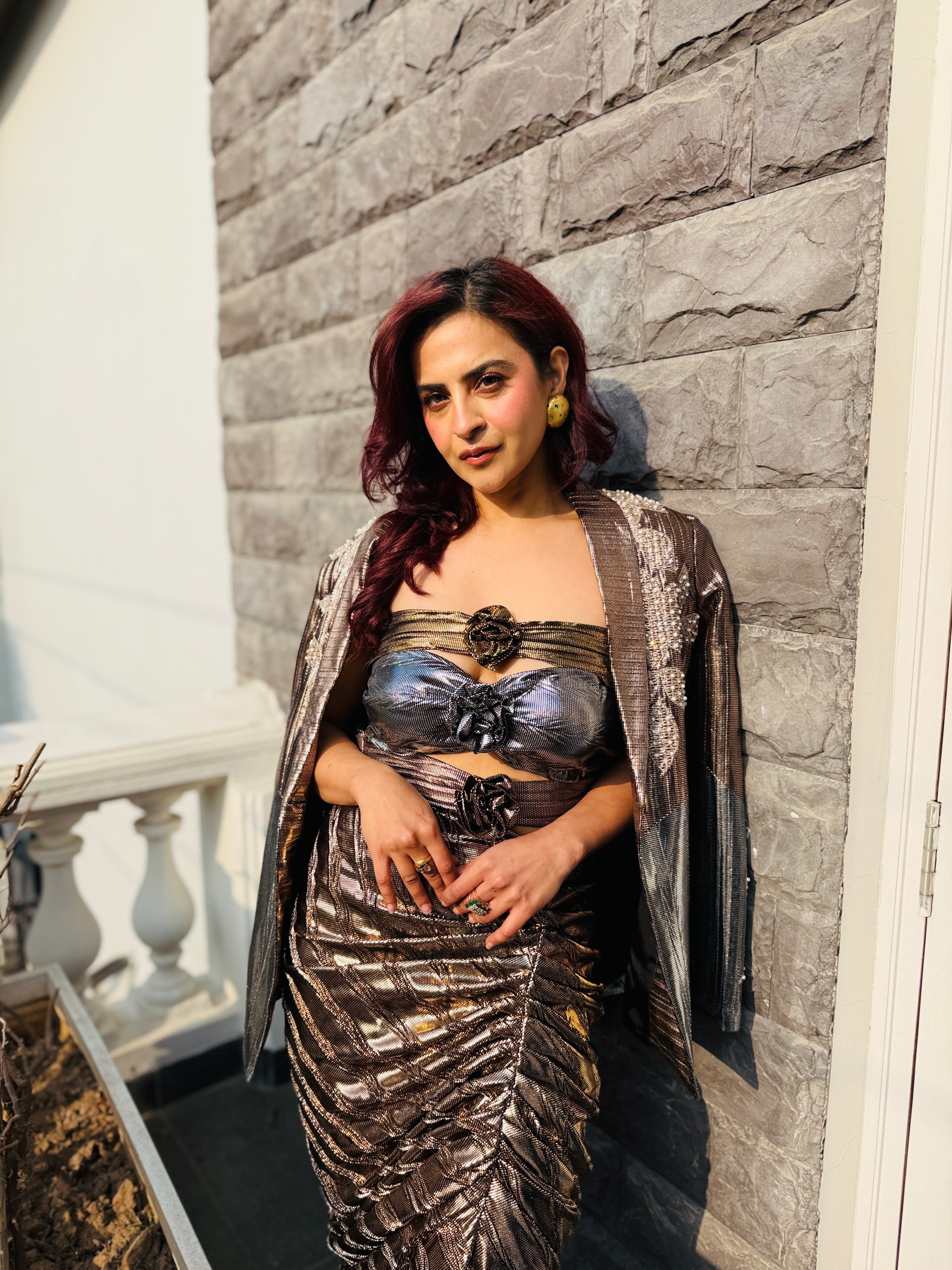 Argent Amber Power Blazer with Foil Cut-out gown