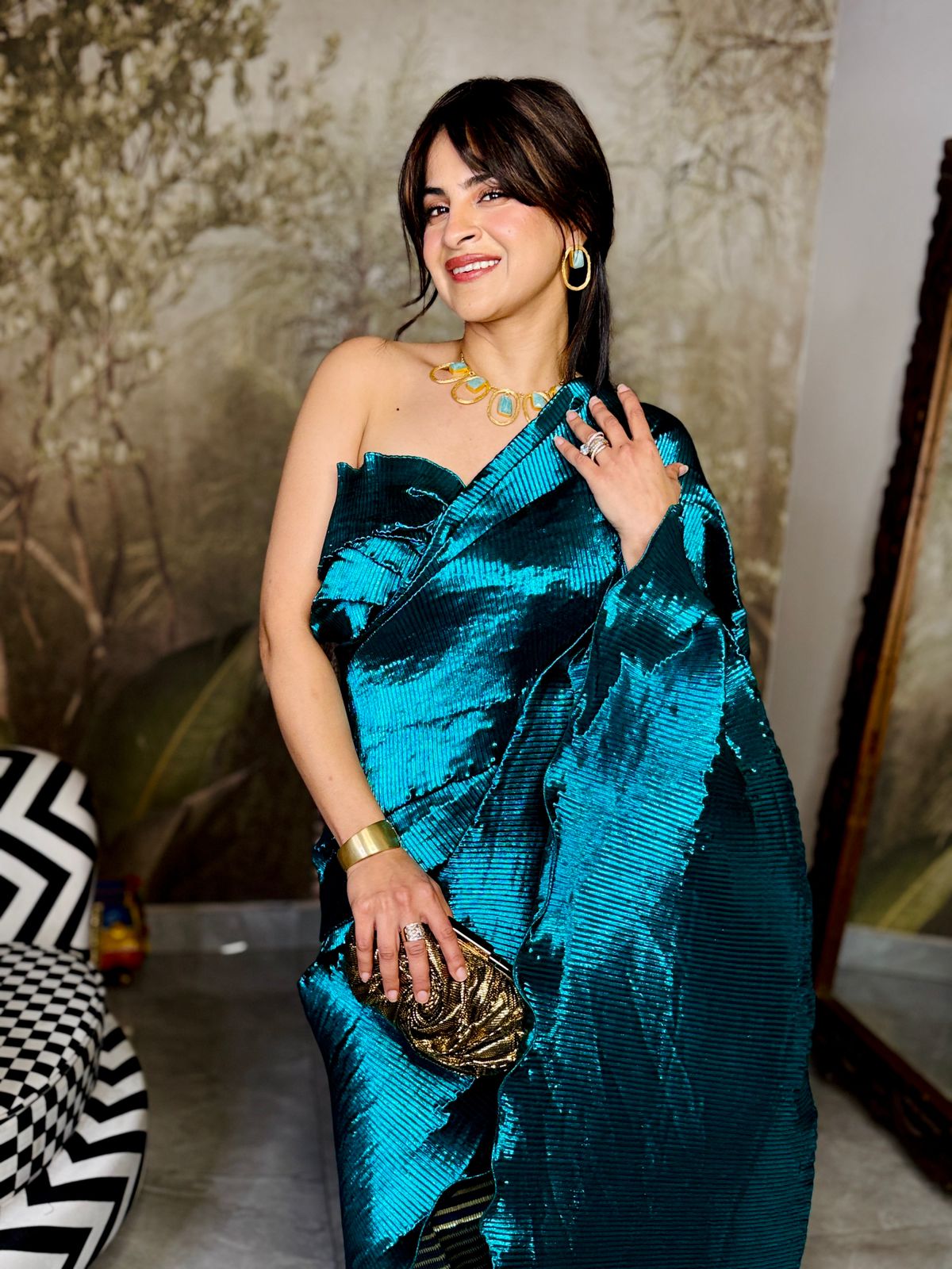 Aqua Blue colorblock saree with stripes