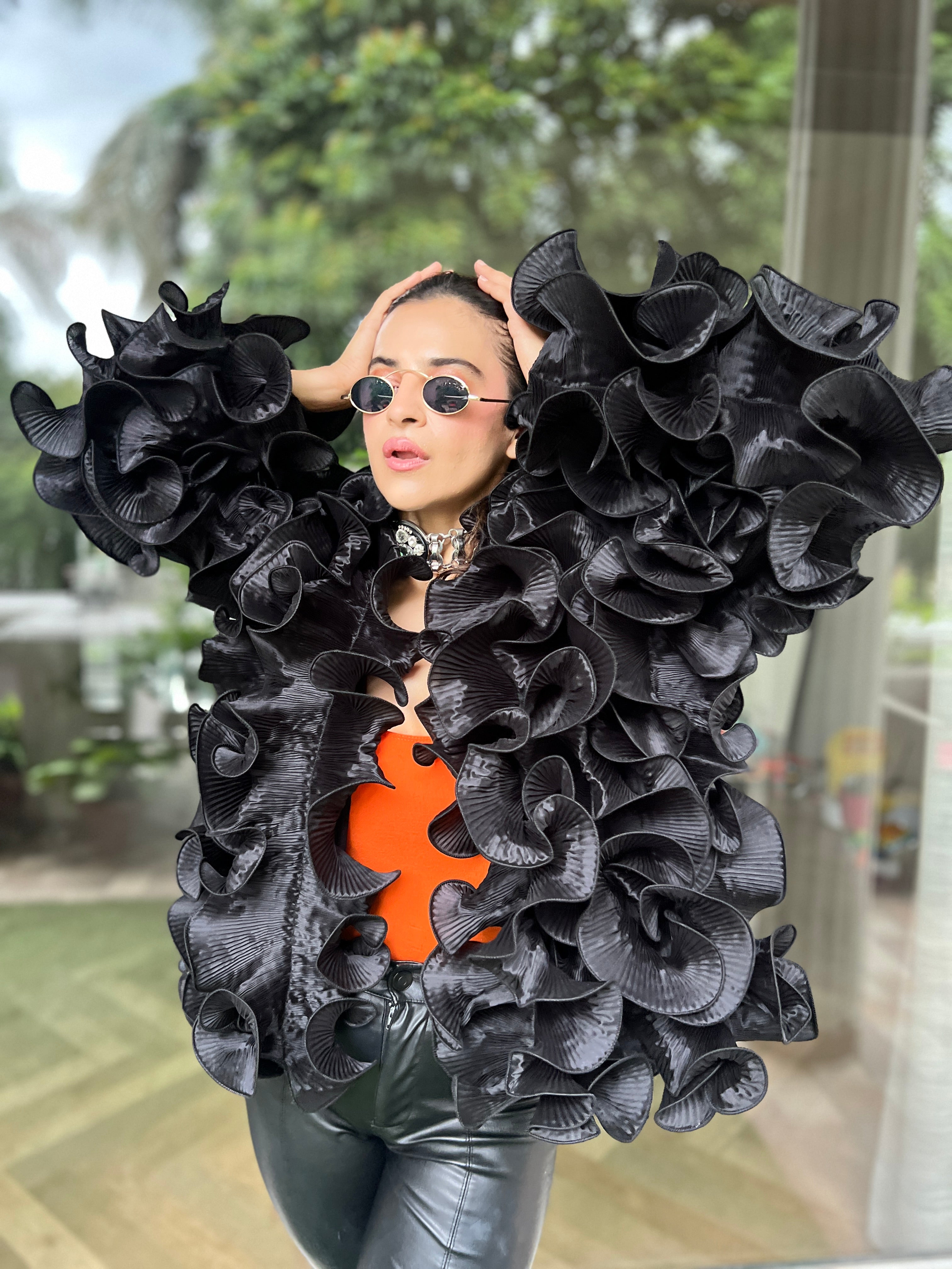 Black silk ruffle cape