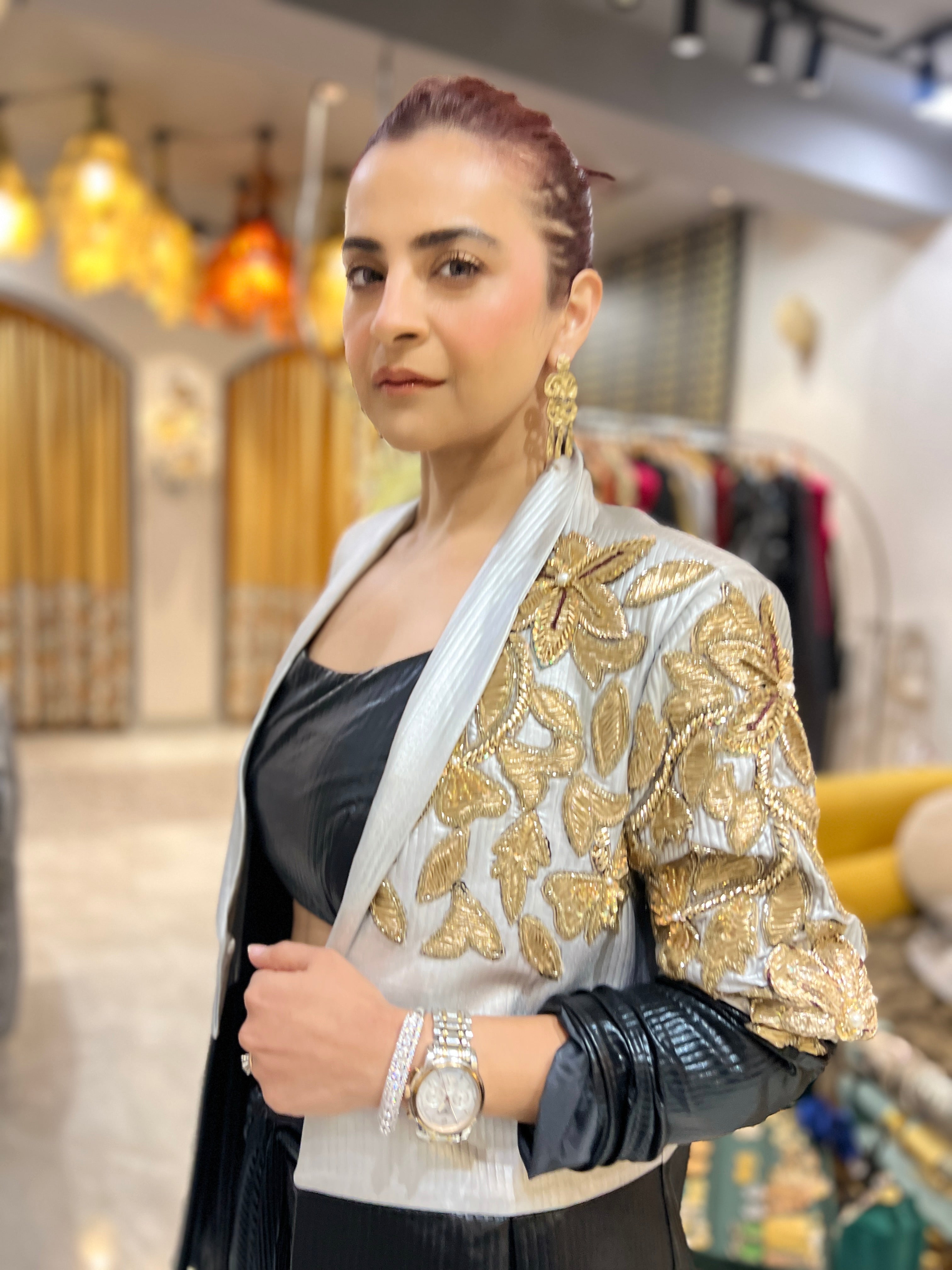Black & silver leather power blazer set with earrings