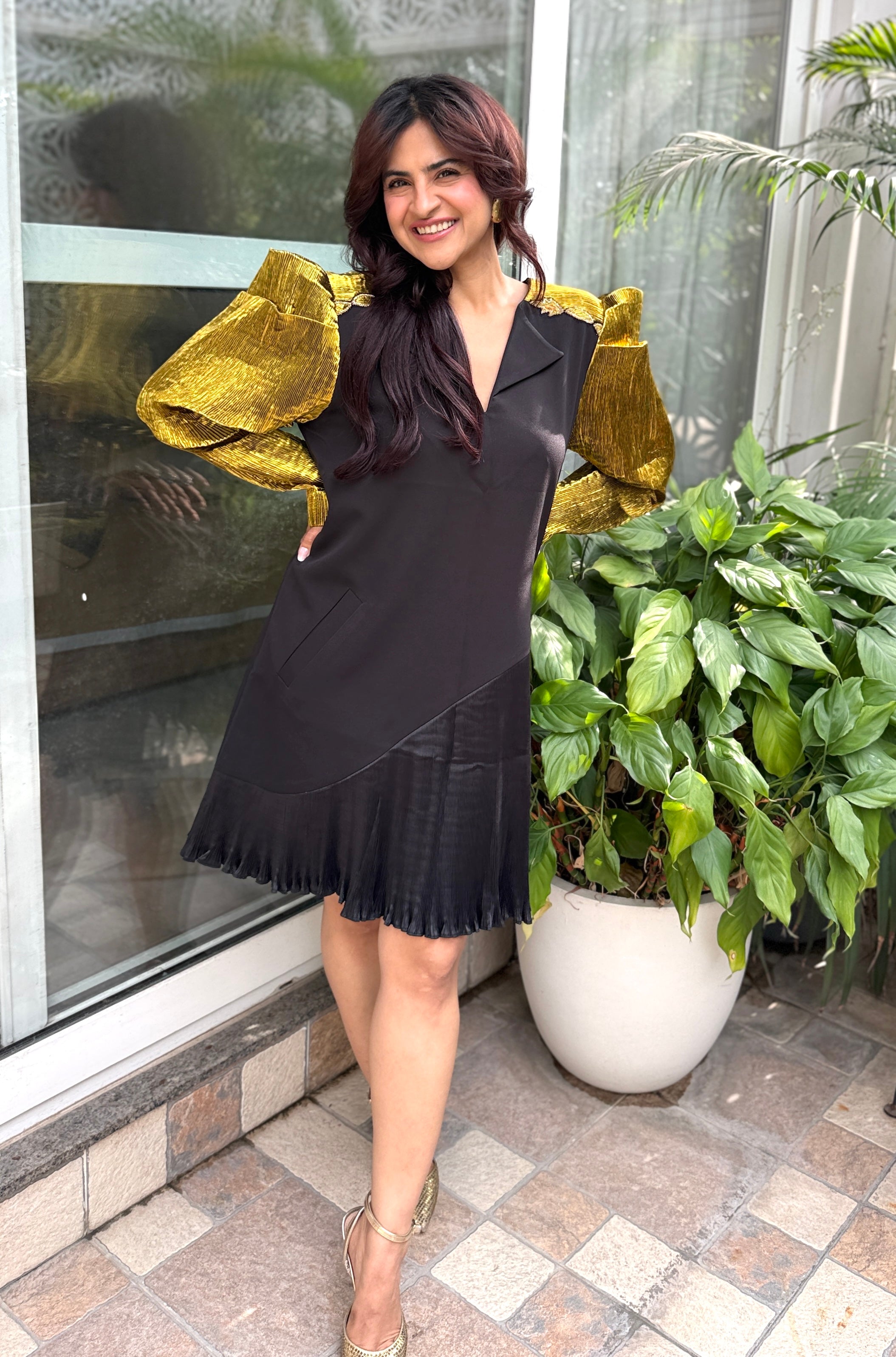Gold Crazy Shoulder Dress in Gold