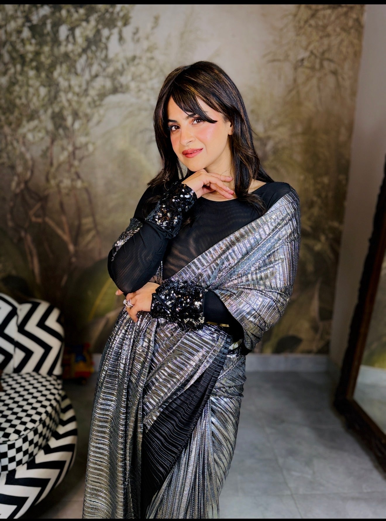 Silver power drape saree  with mesh shirt set