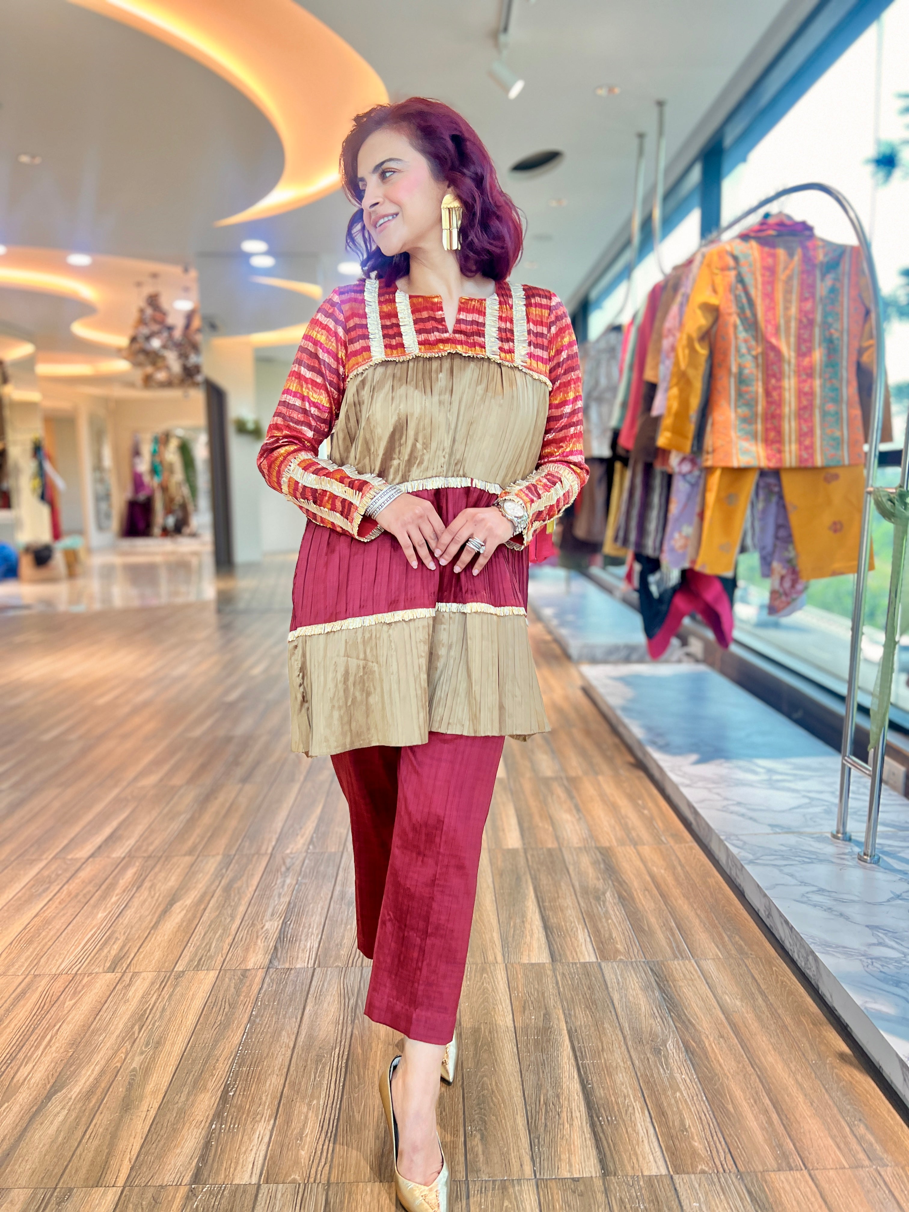 Maroon Multicolor gota embroidered kurta pants set