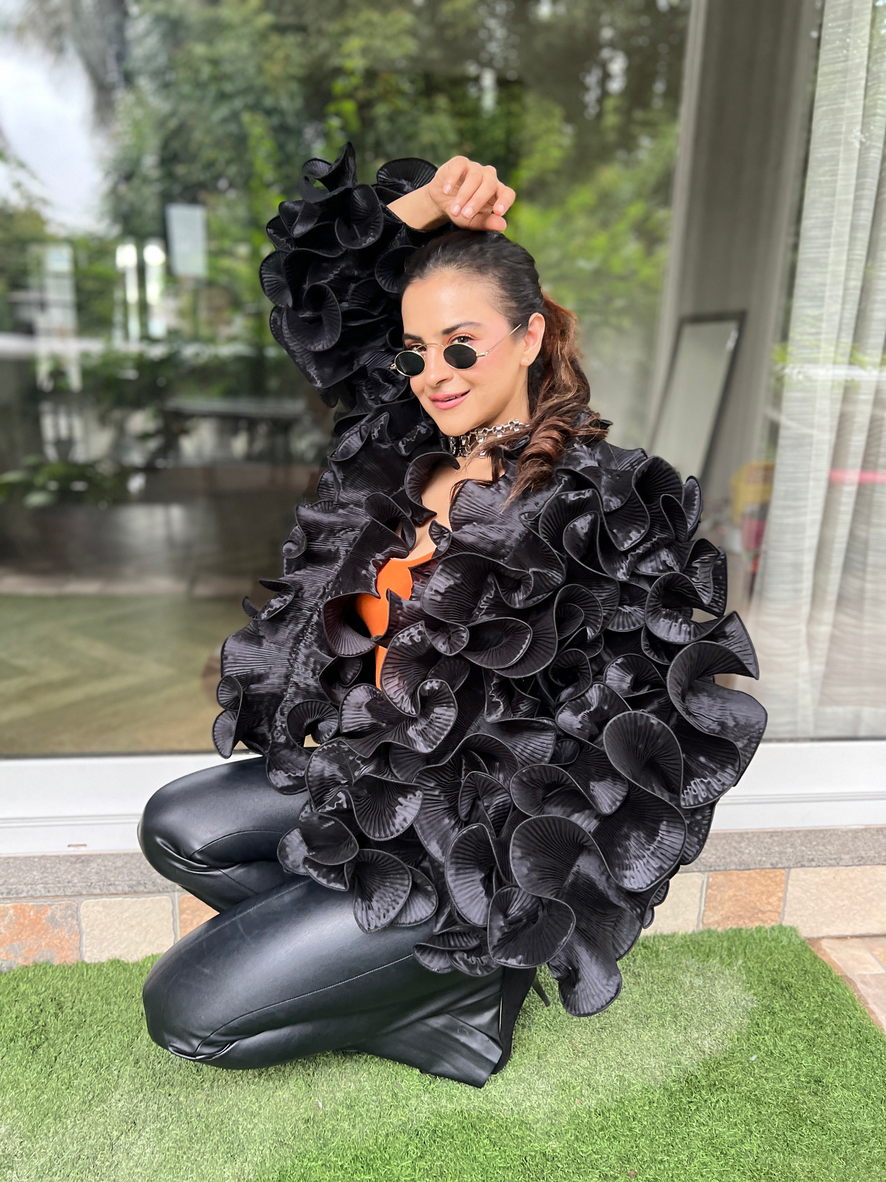 Black silk ruffle cape