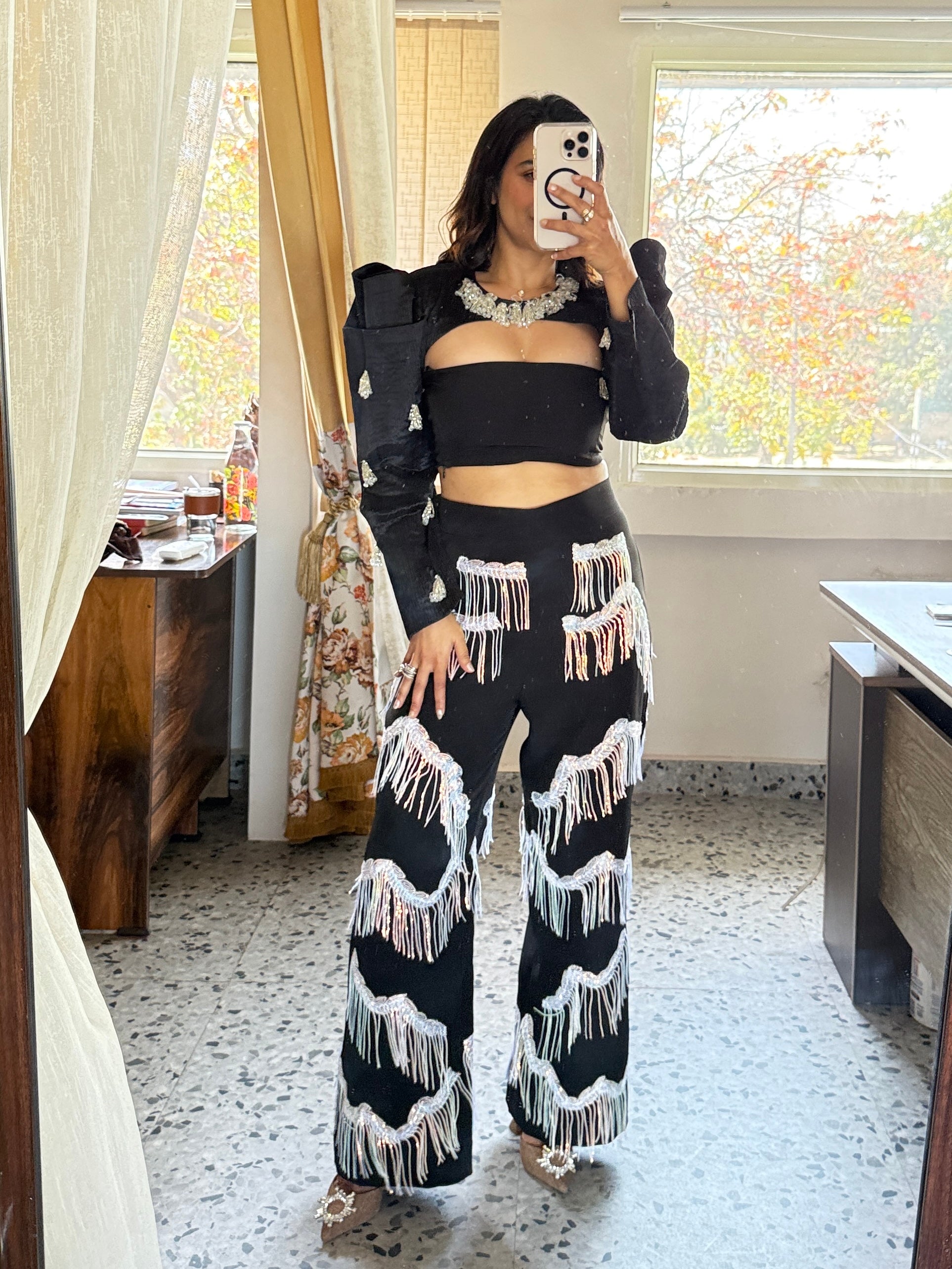 Black embellished shoulder cape