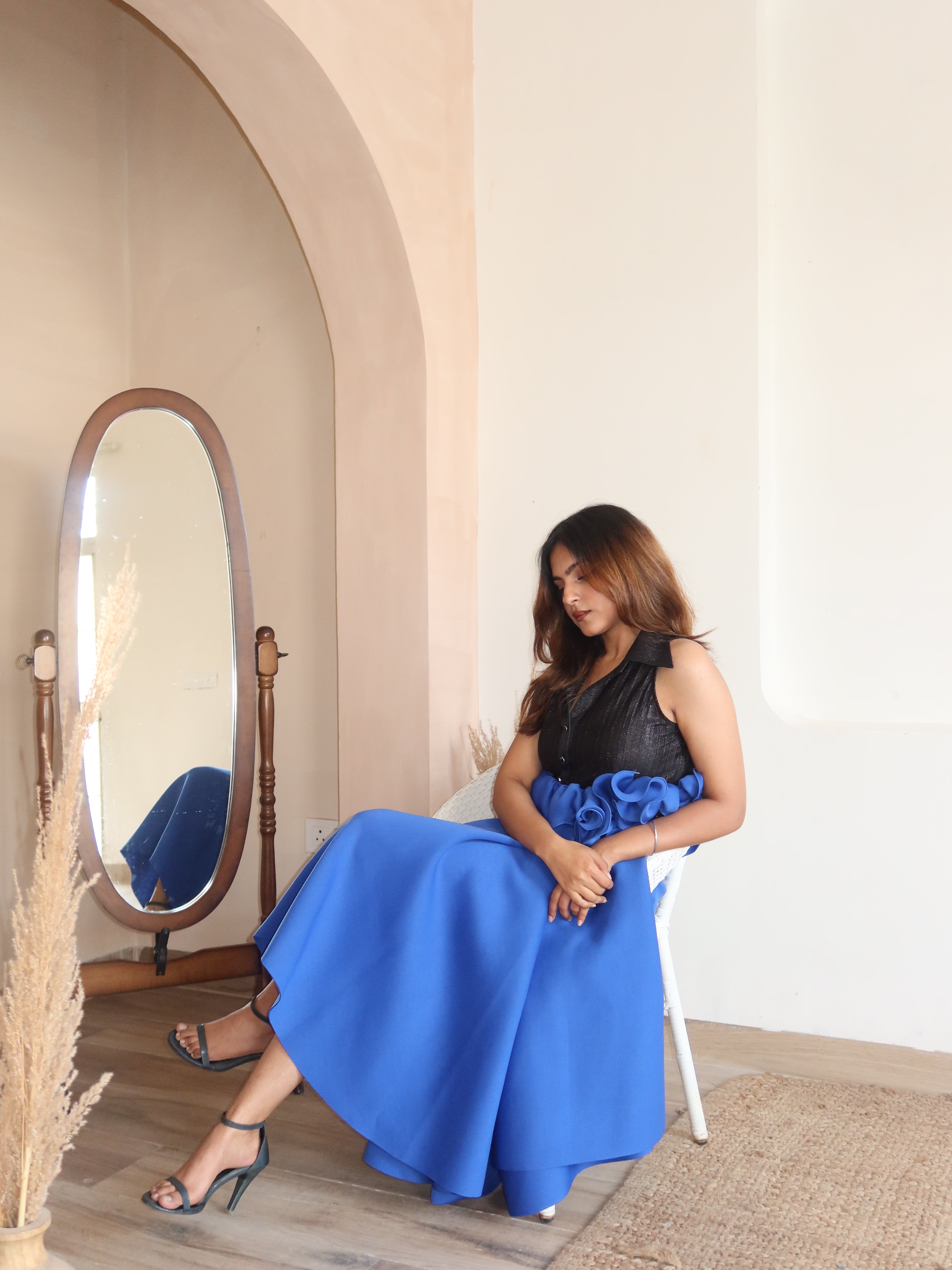 Ruffle  Drama Skirt Set in blue and black