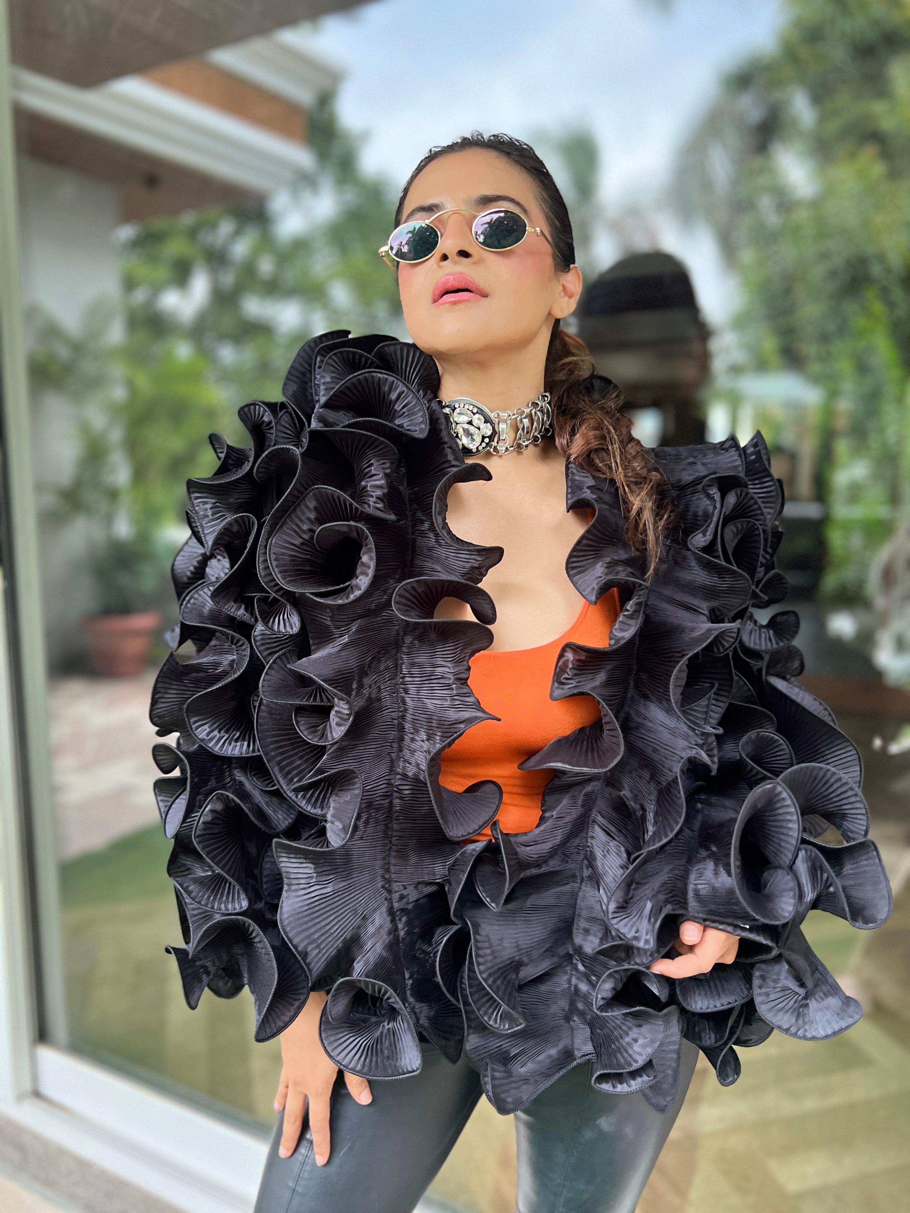 Black silk ruffle cape