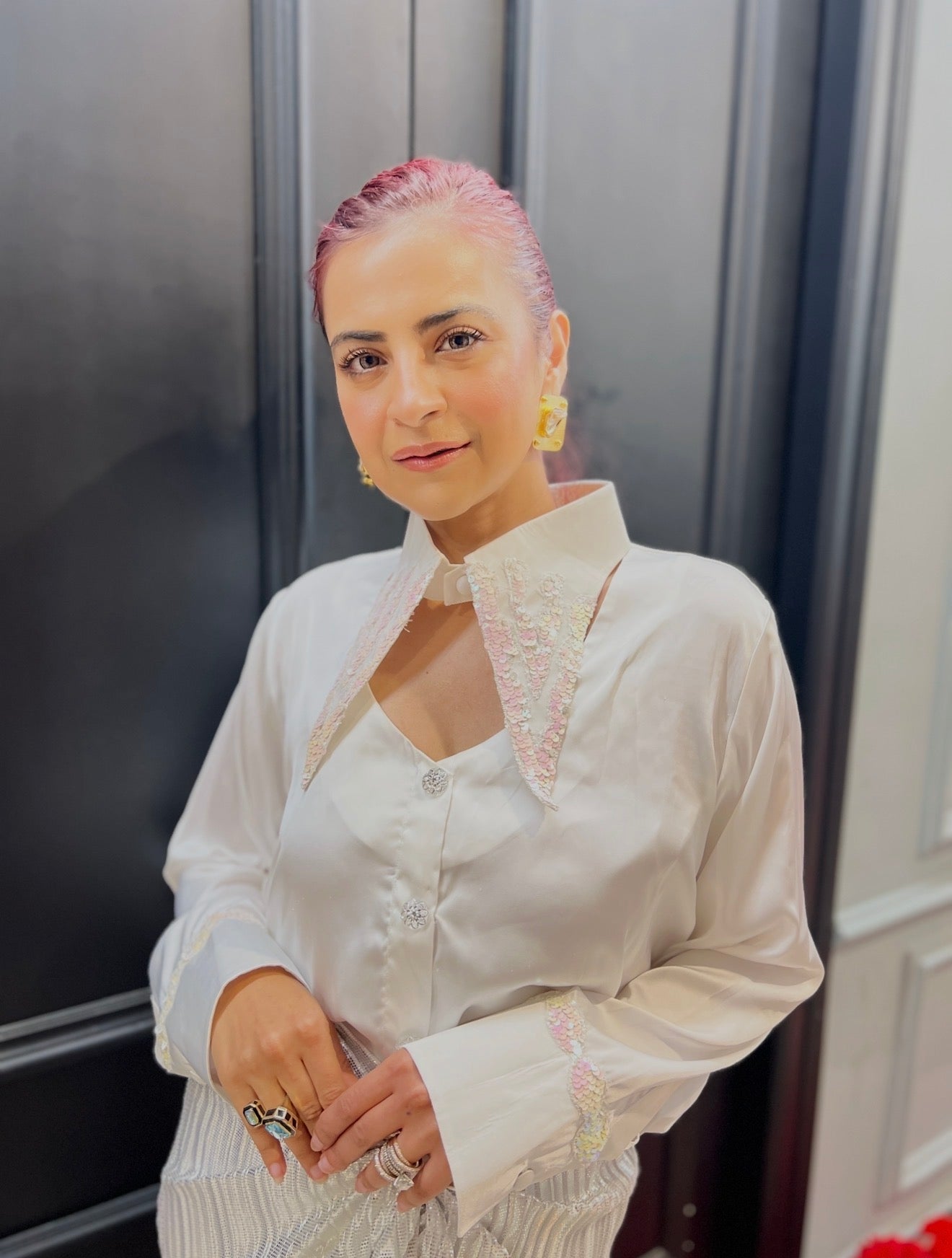 white armani unicorn shirt and  foil skirt