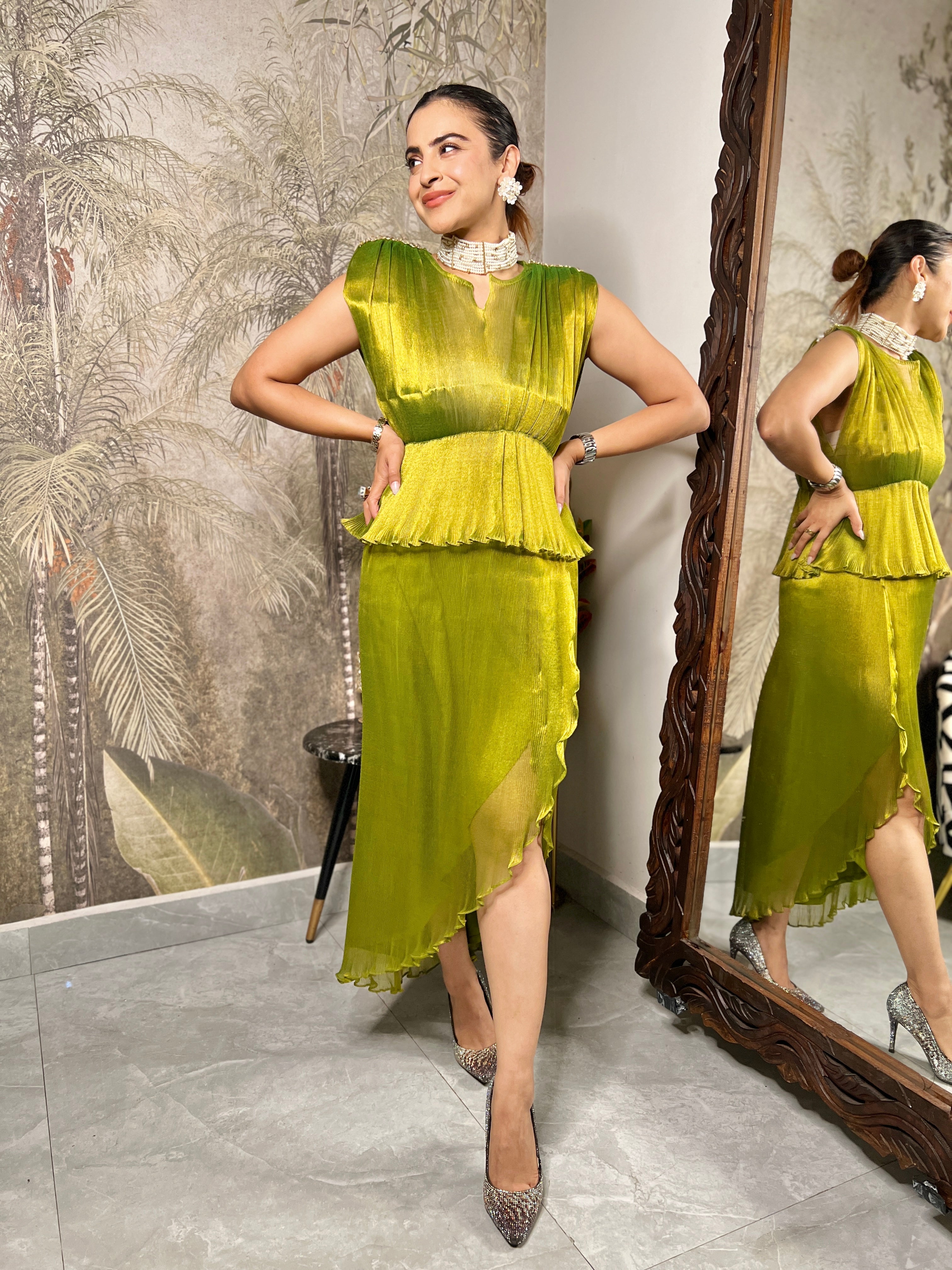 Green ruched moonlift dhoti skirt set