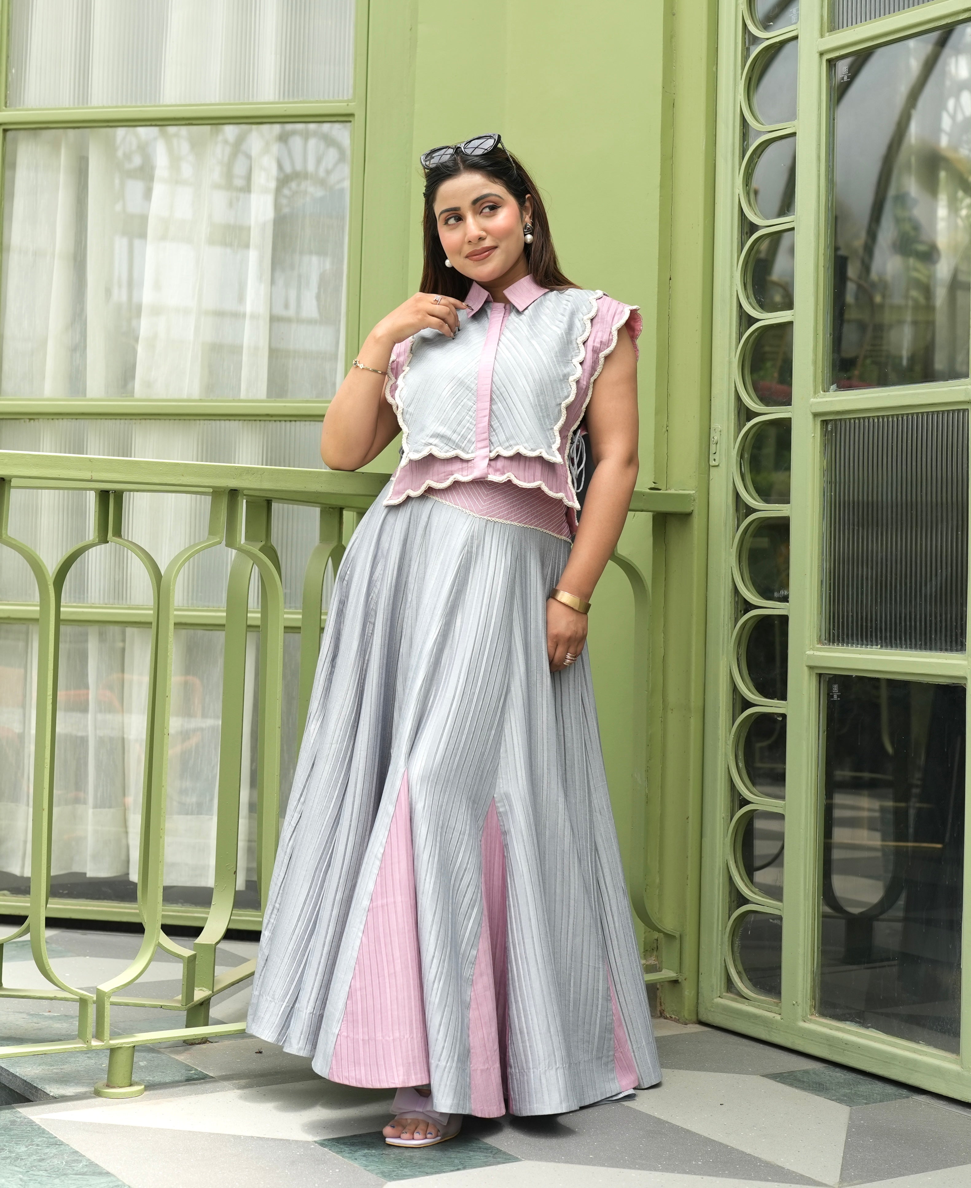 Blush Breeze Skirt Set in Grey and Pink