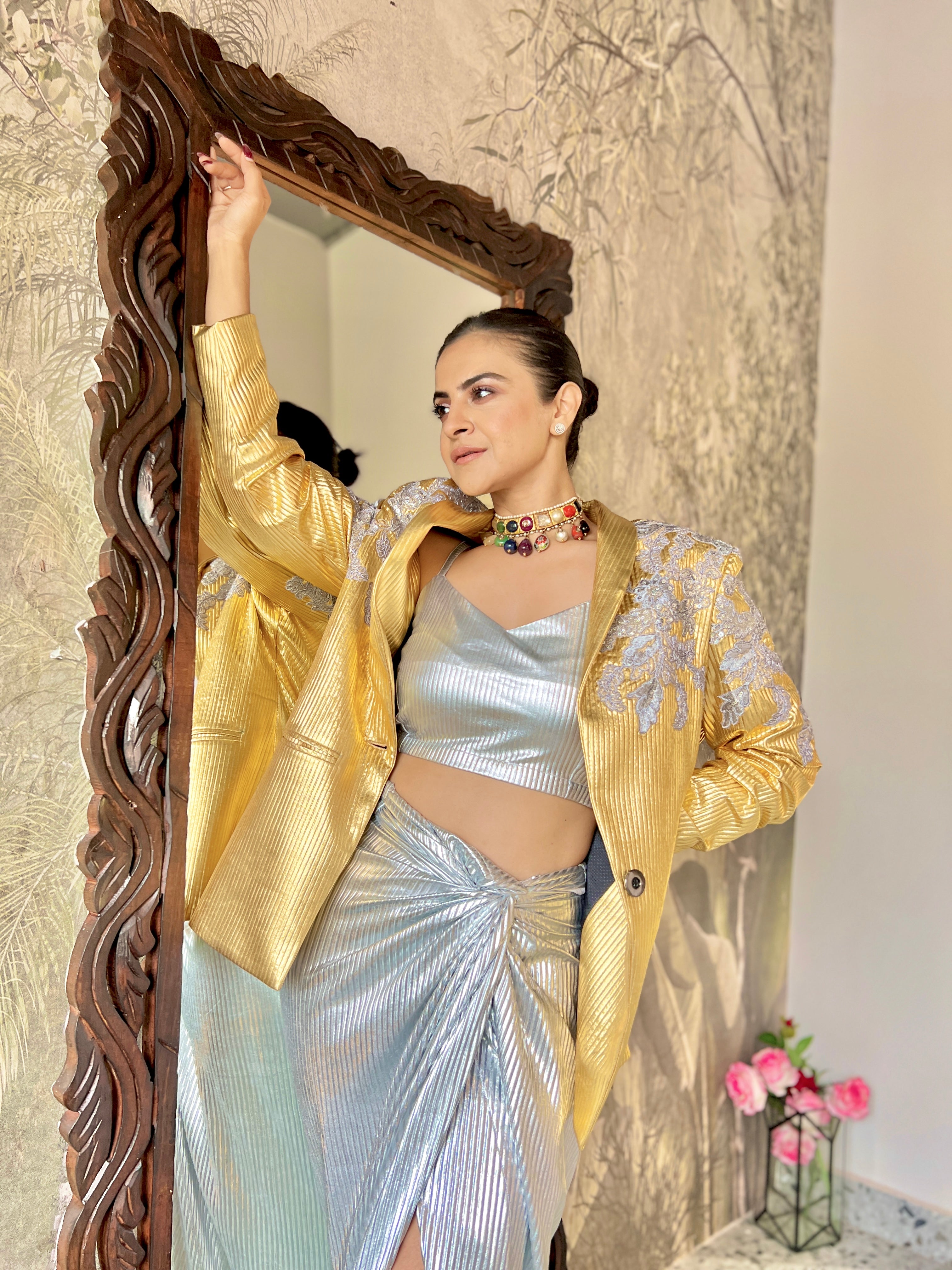 Power drape skirt suit in Gold and Silver