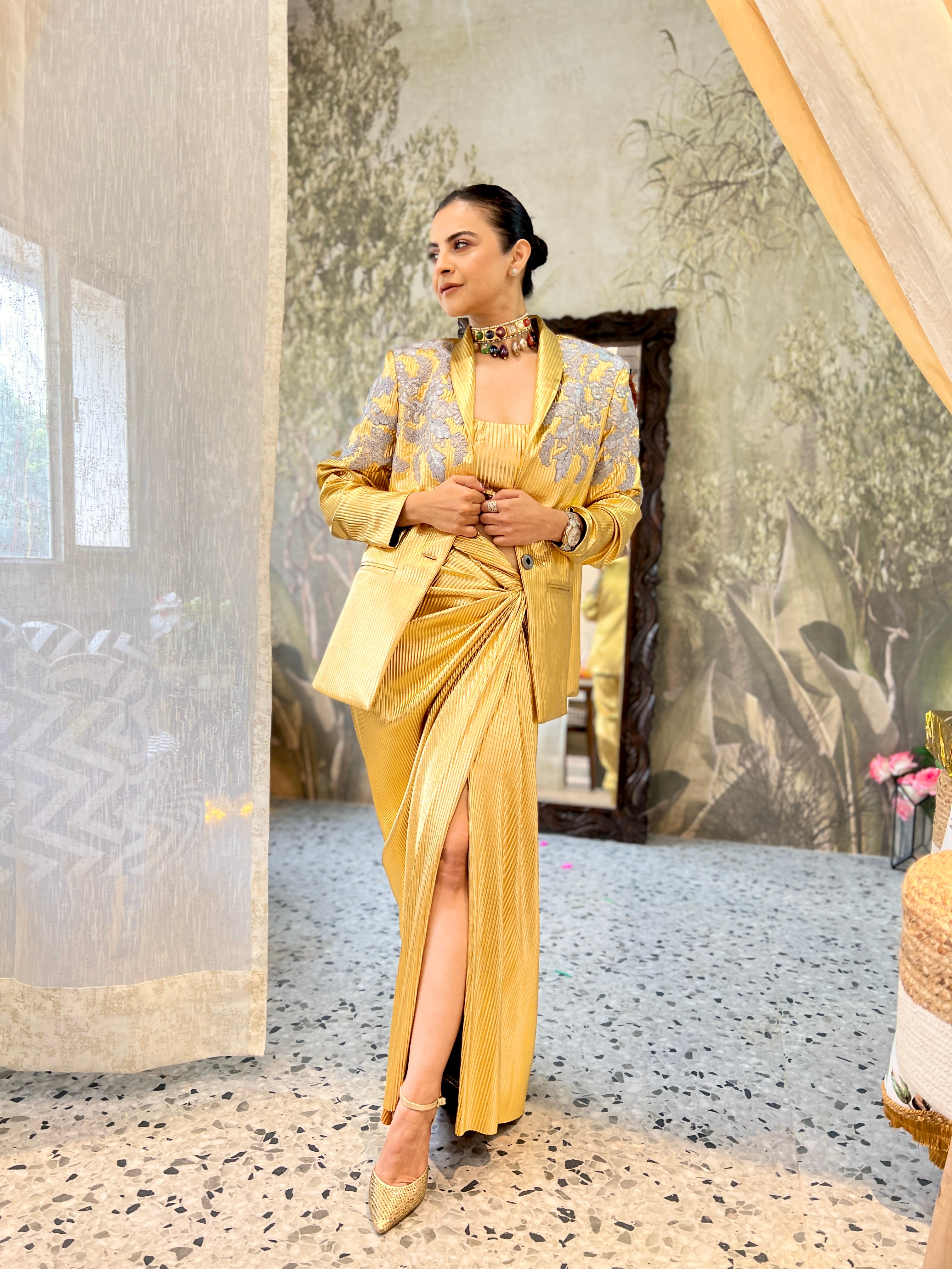 Gold Lust Power Drape Skirt Suit